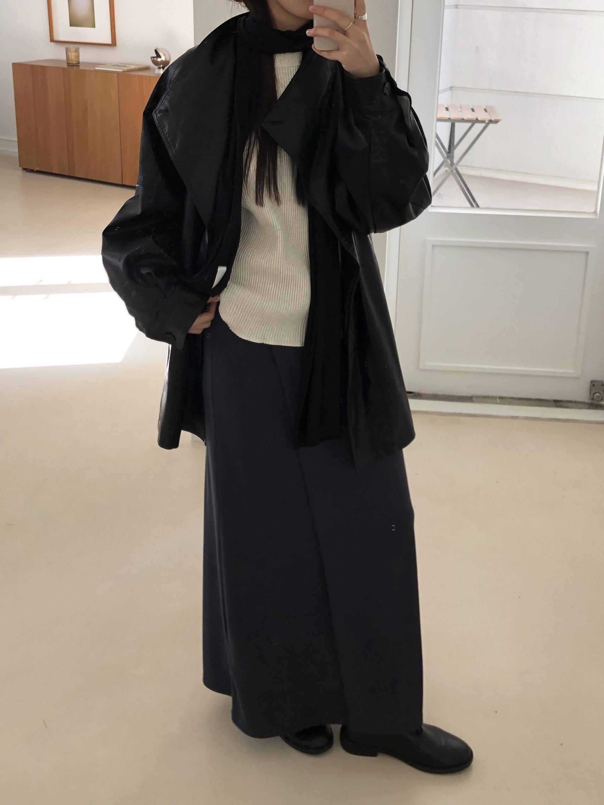 Leather half trench coat ( black )