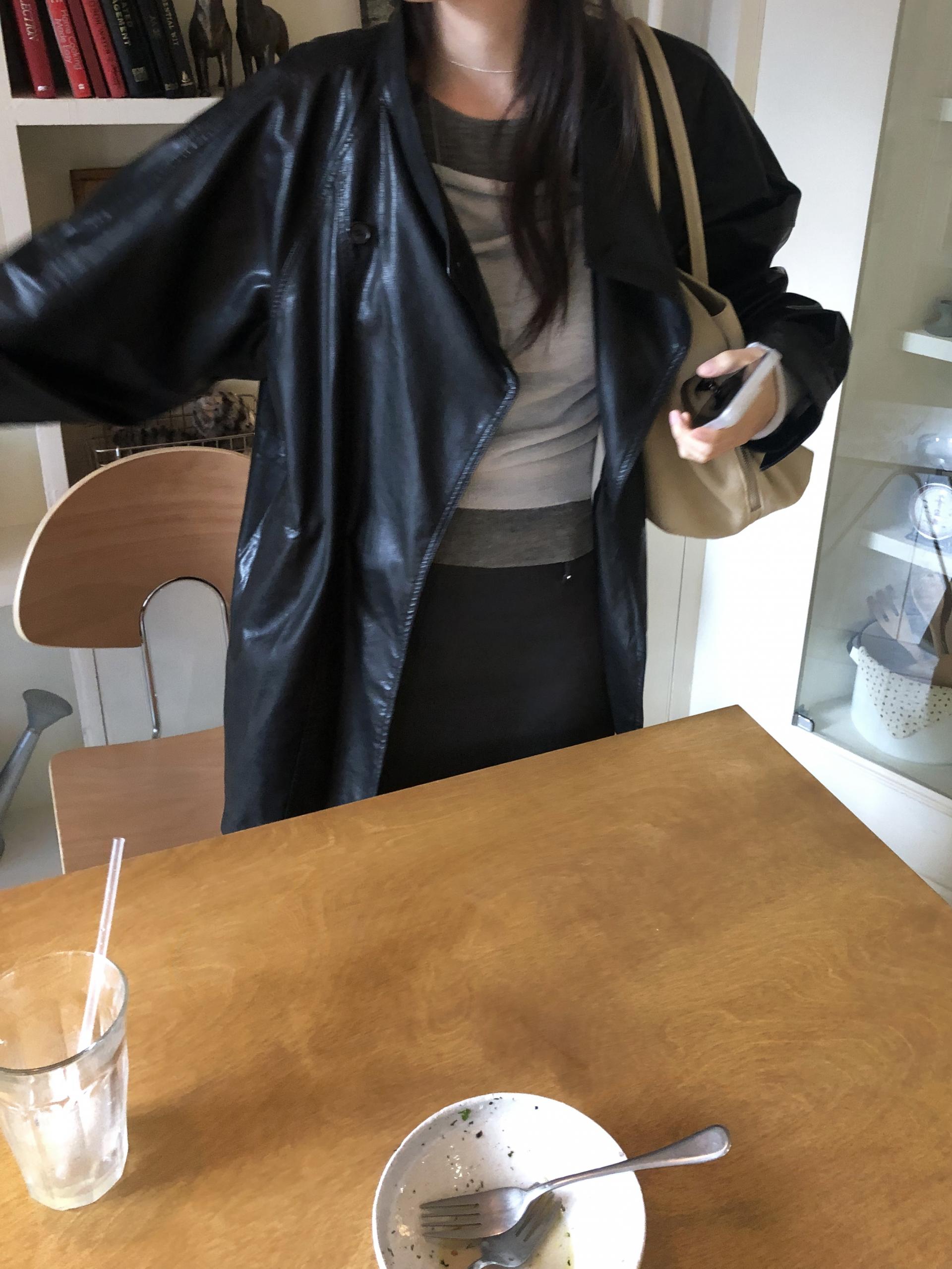 Leather half trench coat ( black )