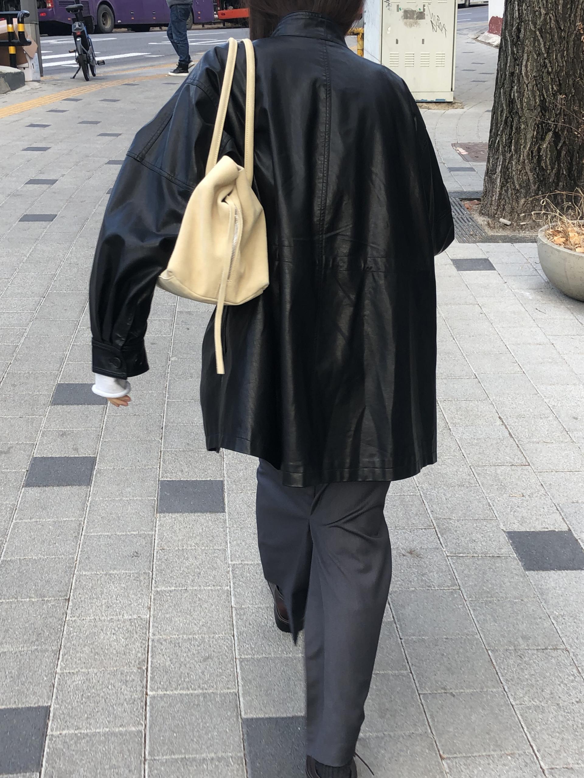 Leather half trench coat ( black )