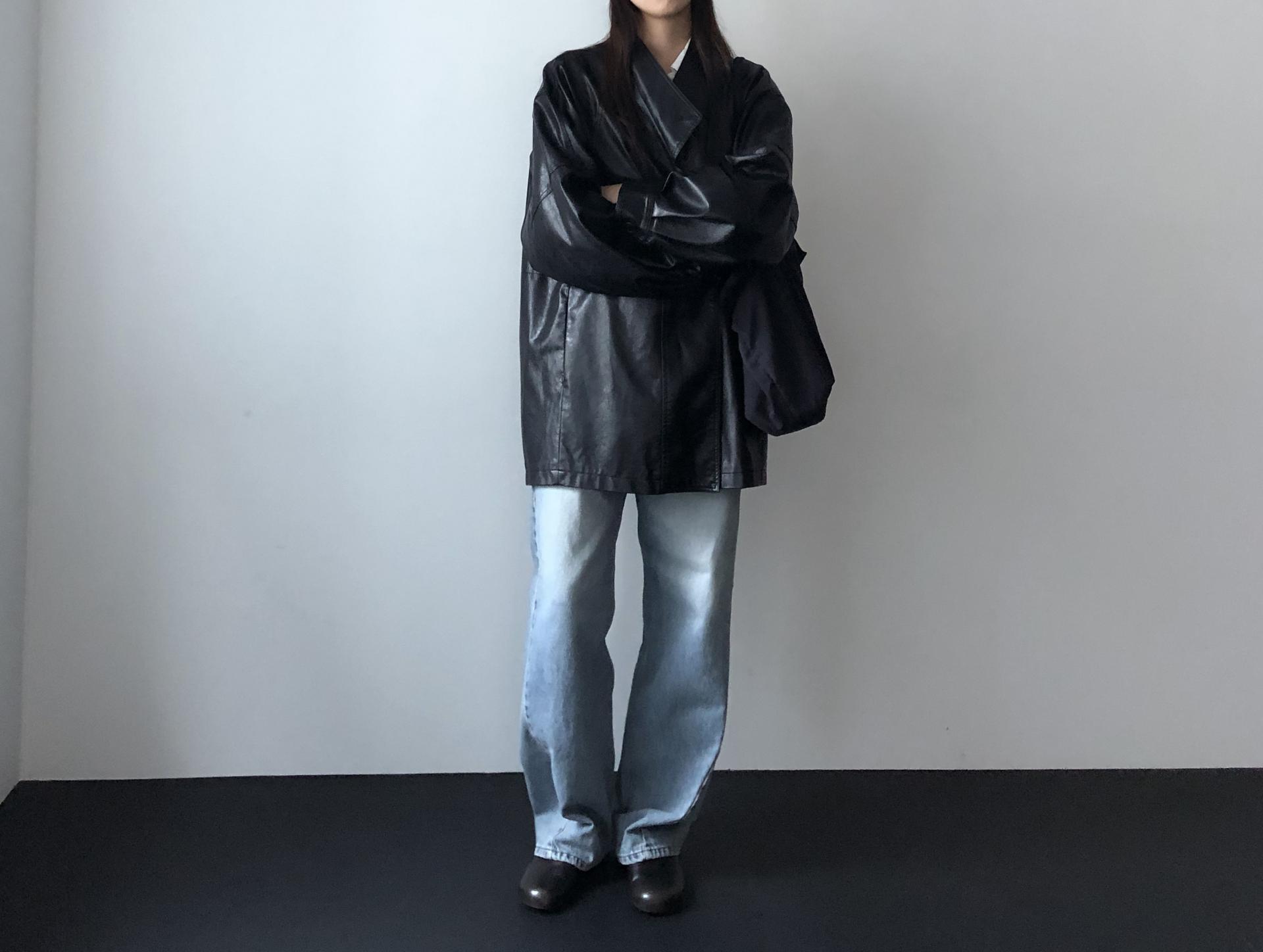 Leather half trench coat ( black )