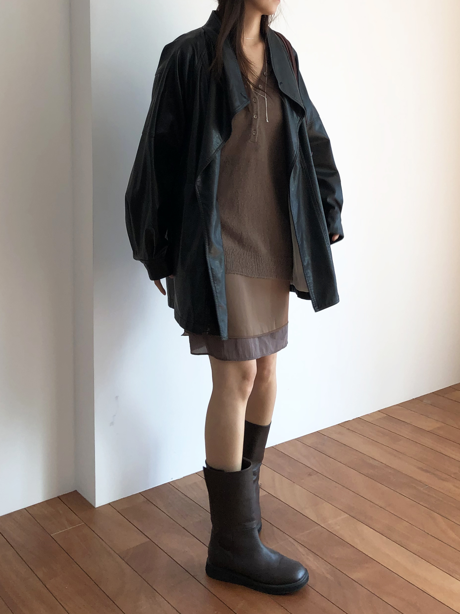 Leather half trench coat ( black )