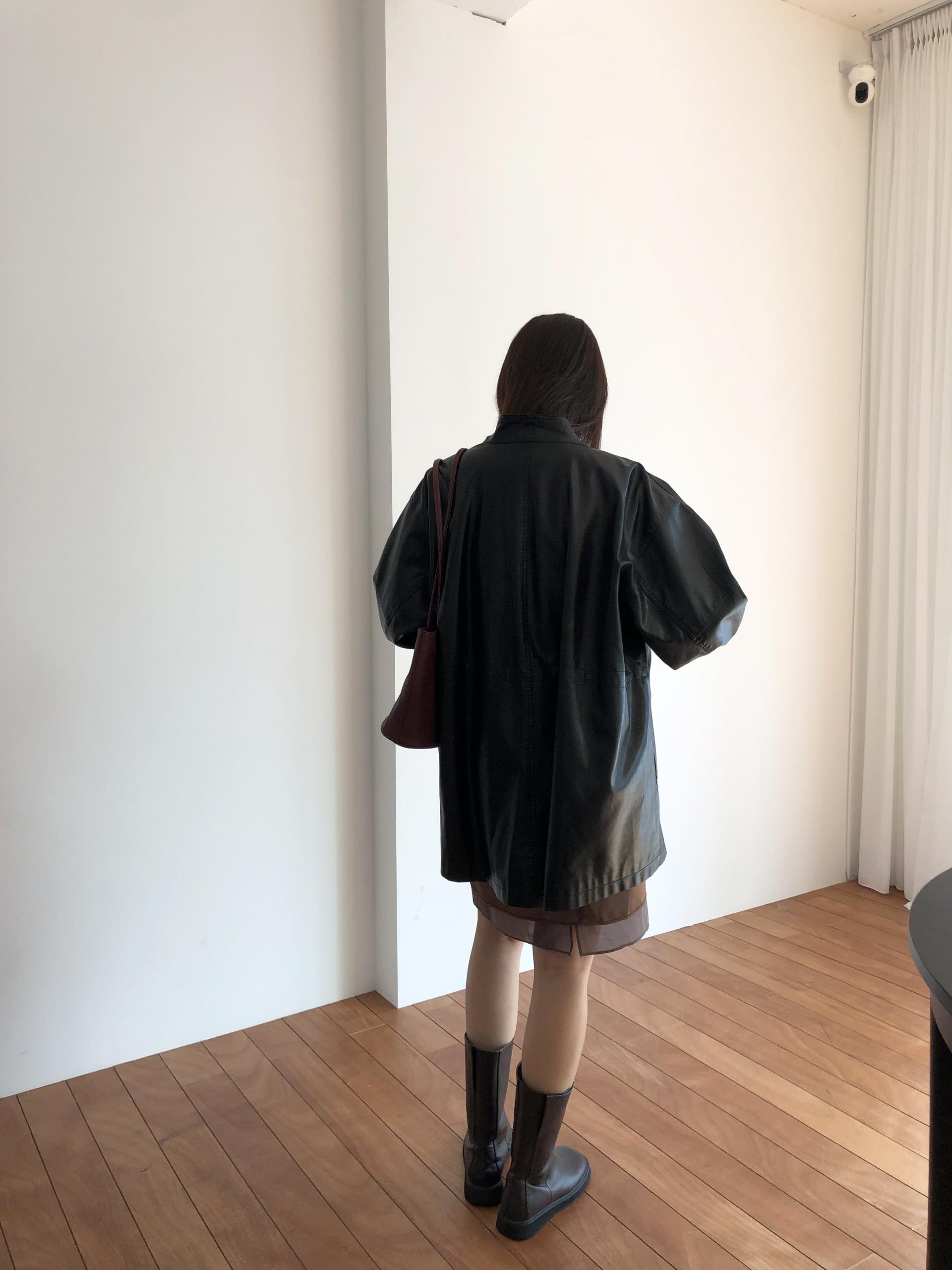 Leather half trench coat ( black )