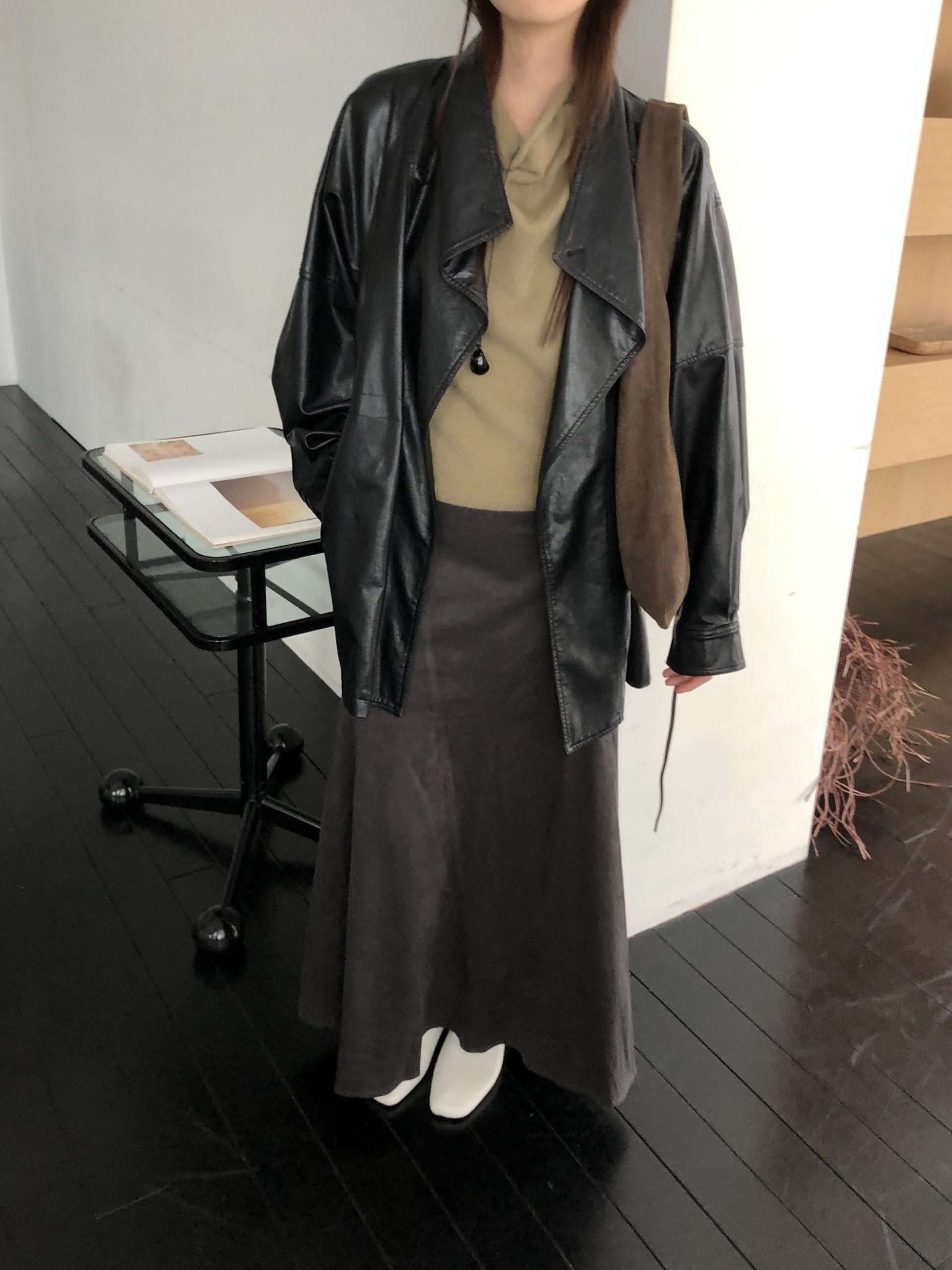 Leather half trench coat ( black )