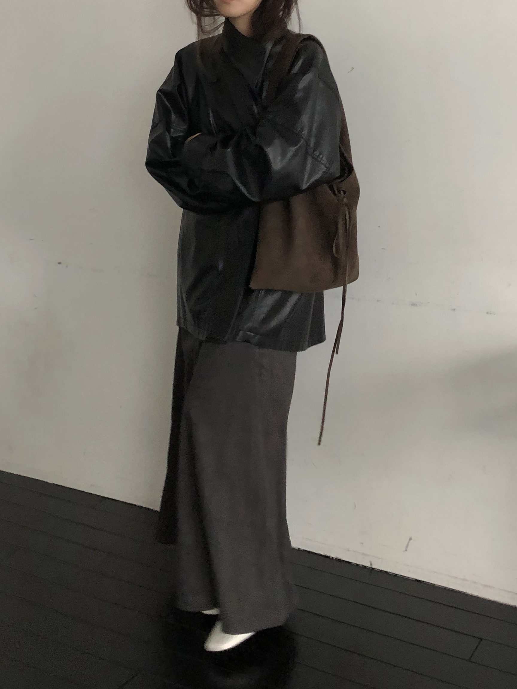 Leather half trench coat ( black )
