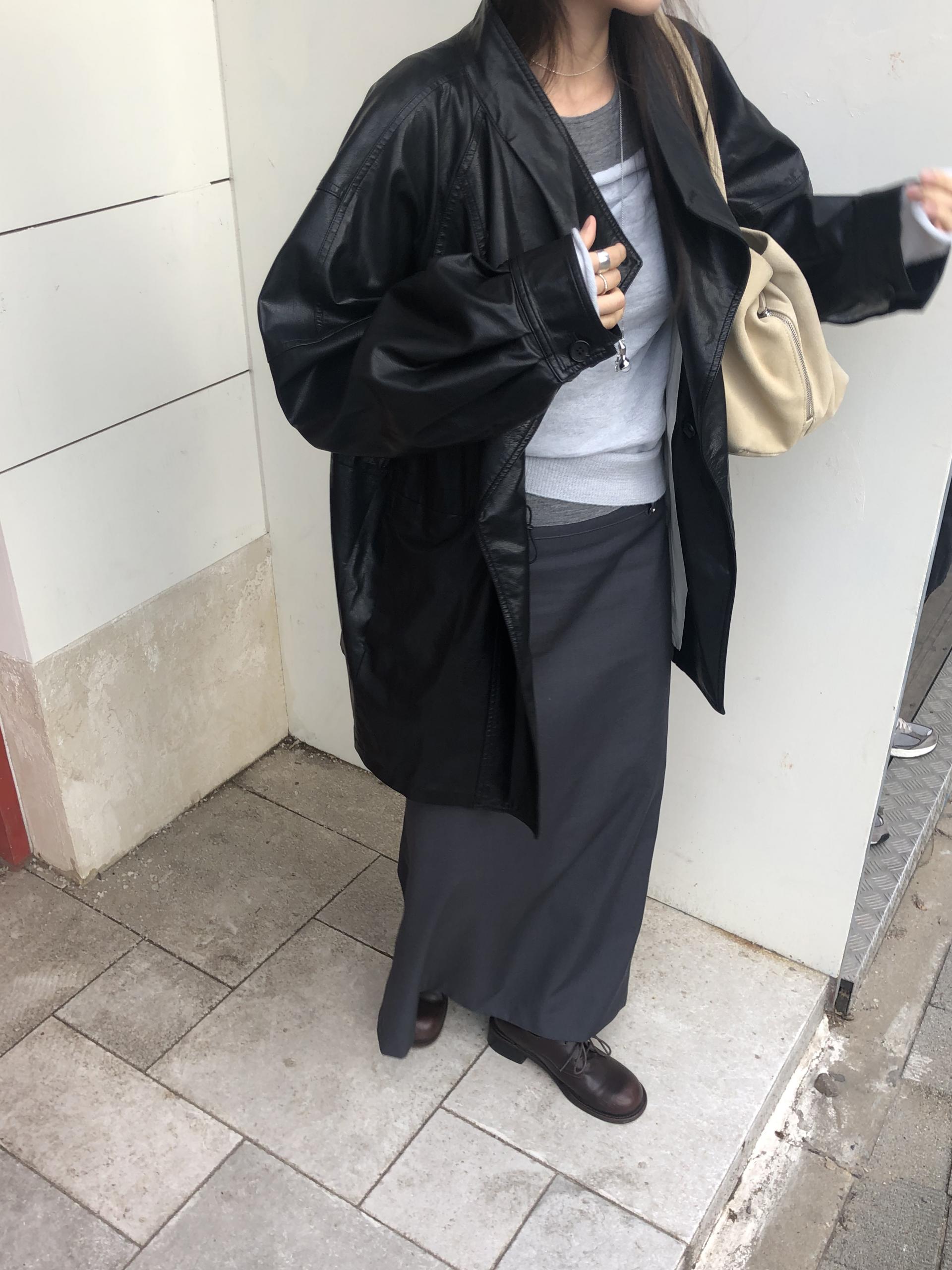 Leather half trench coat ( black )
