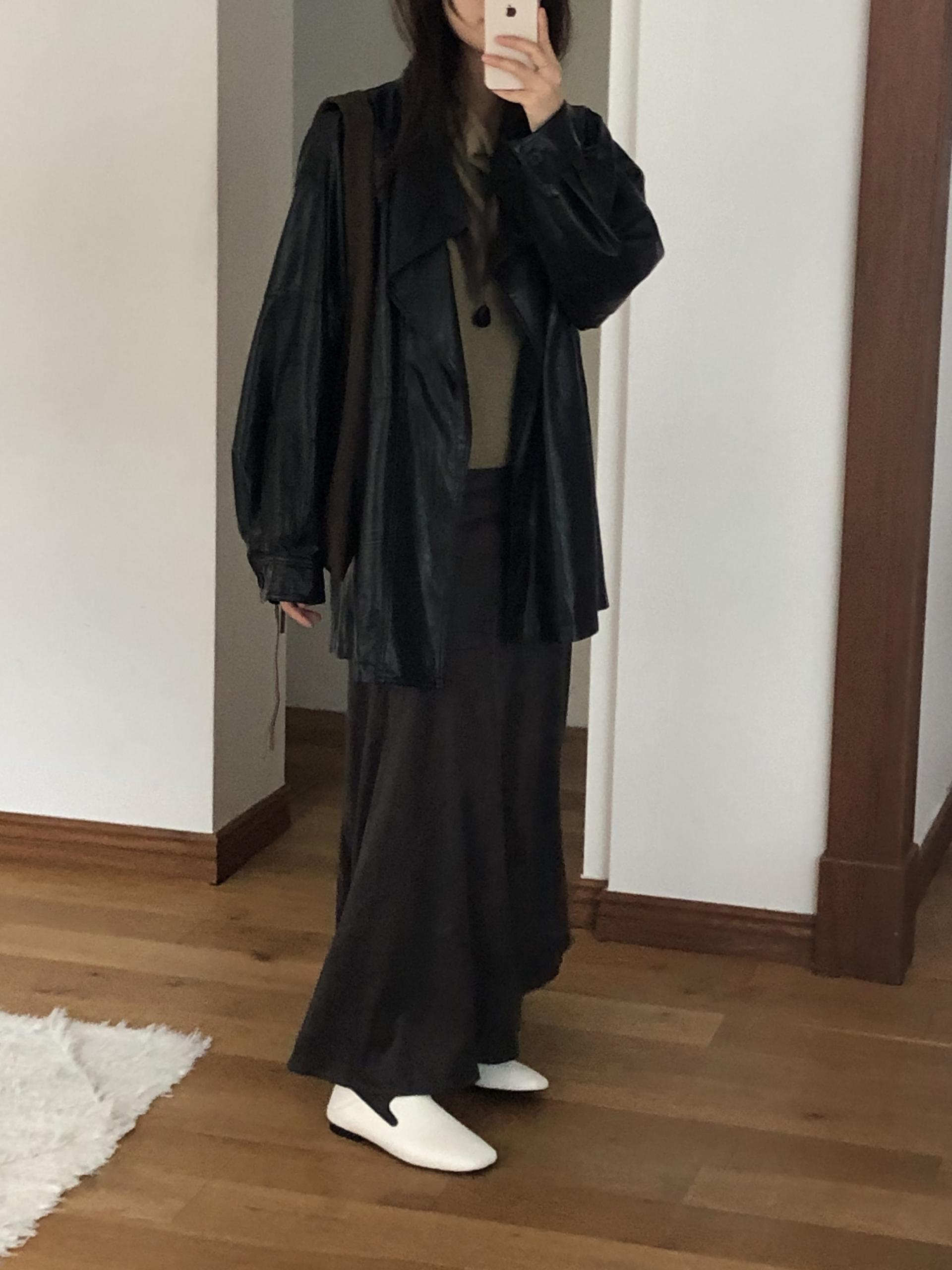 Leather half trench coat ( black )