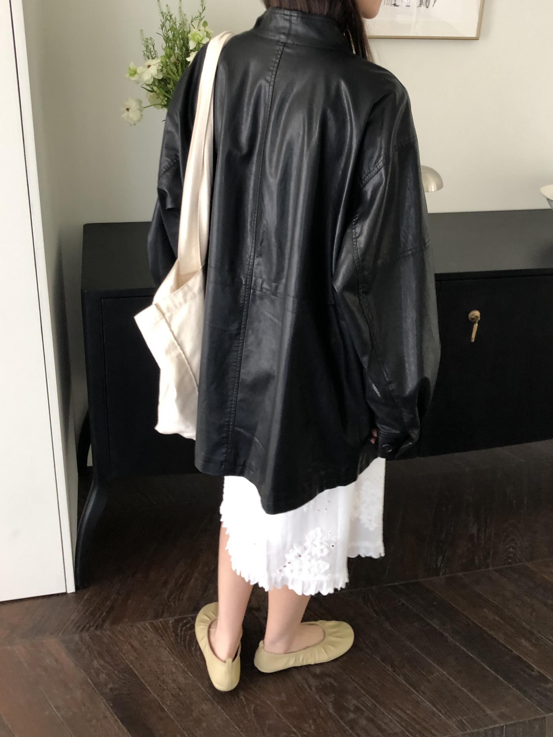 Leather half trench coat ( black )