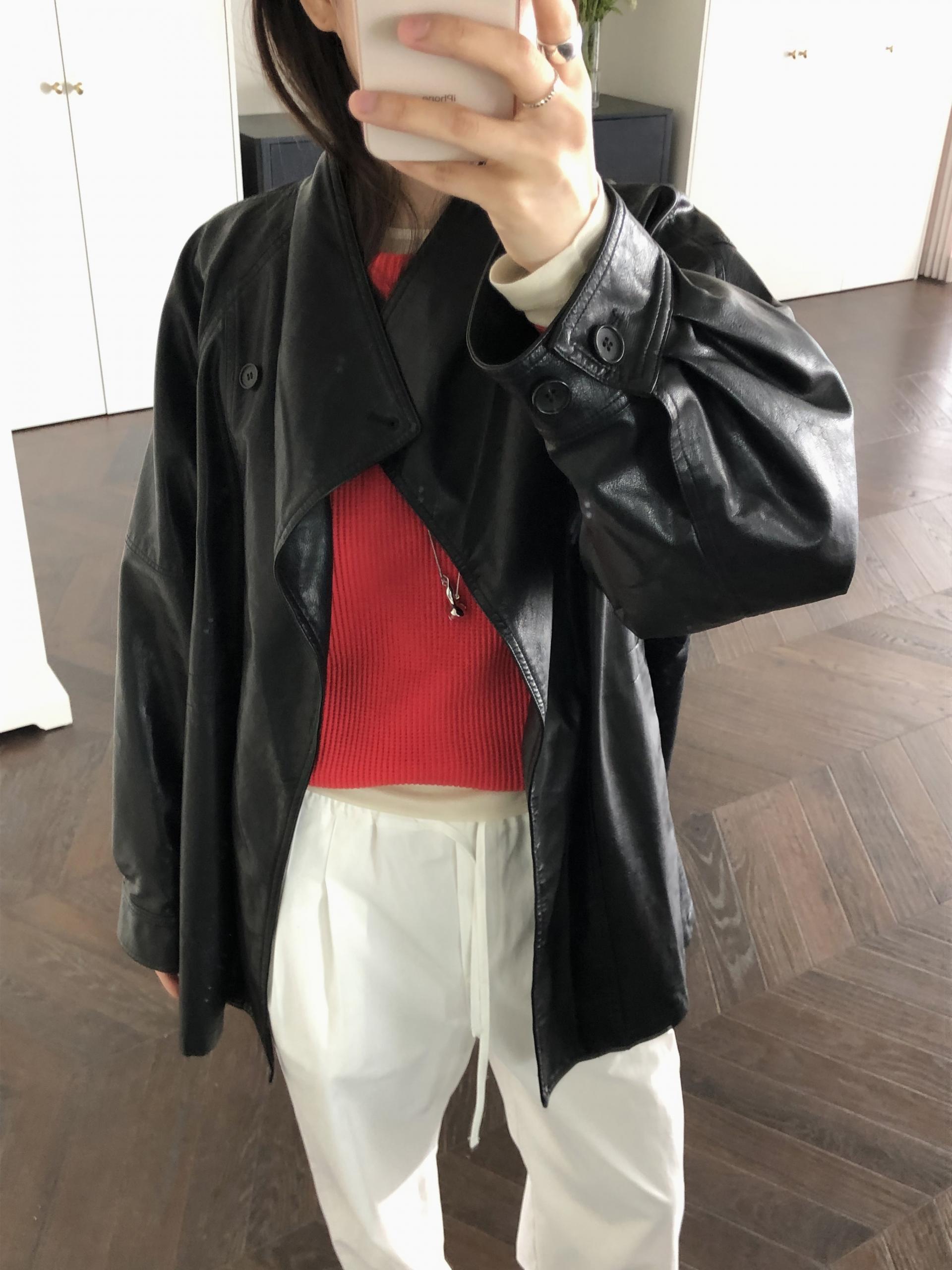 Leather half trench coat ( black )