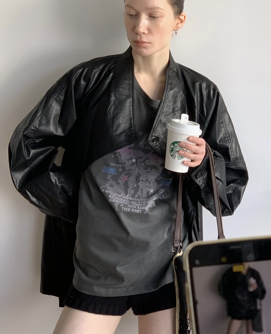 Leather half trench coat ( black )