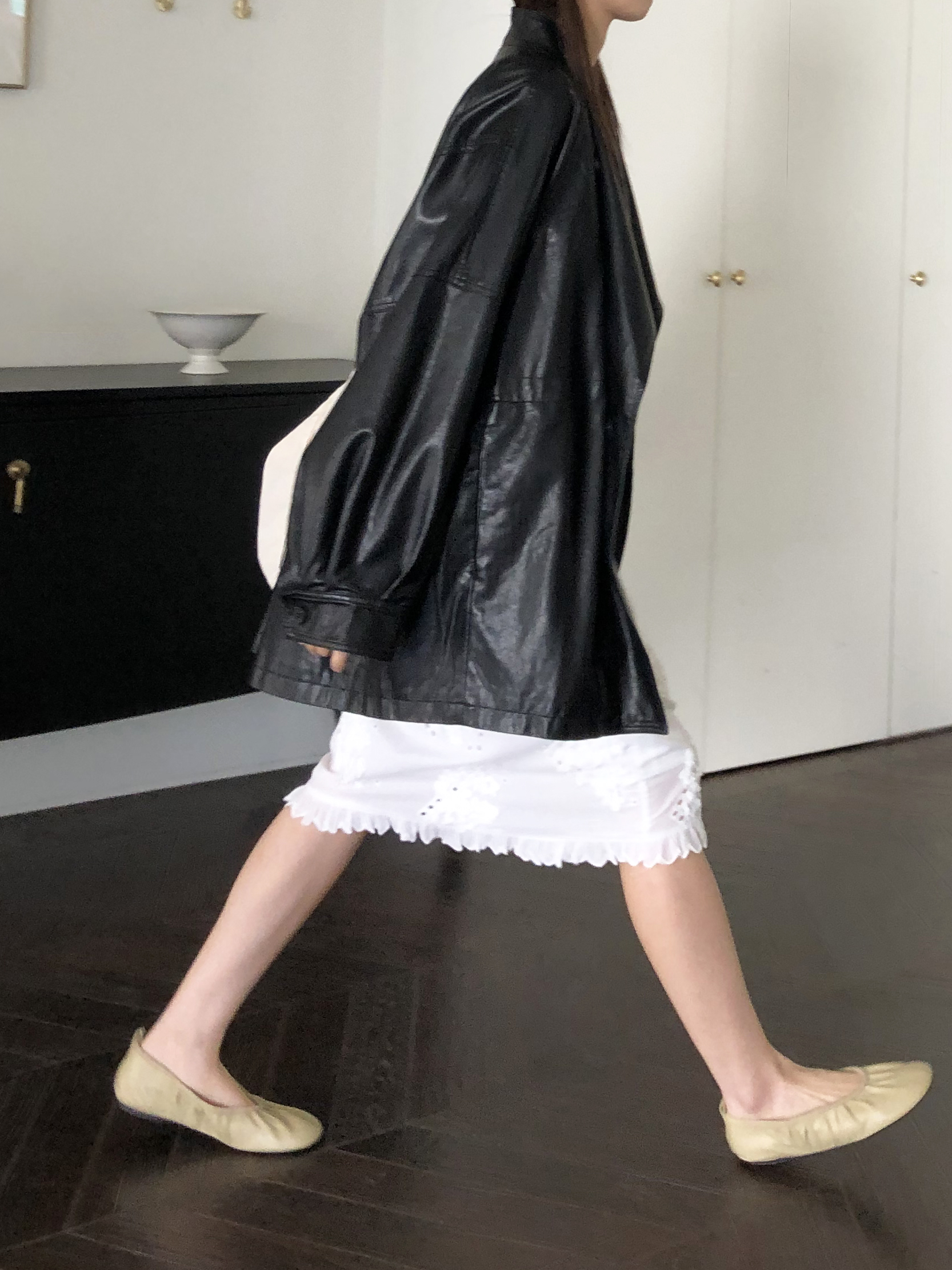 Leather half trench coat ( black )