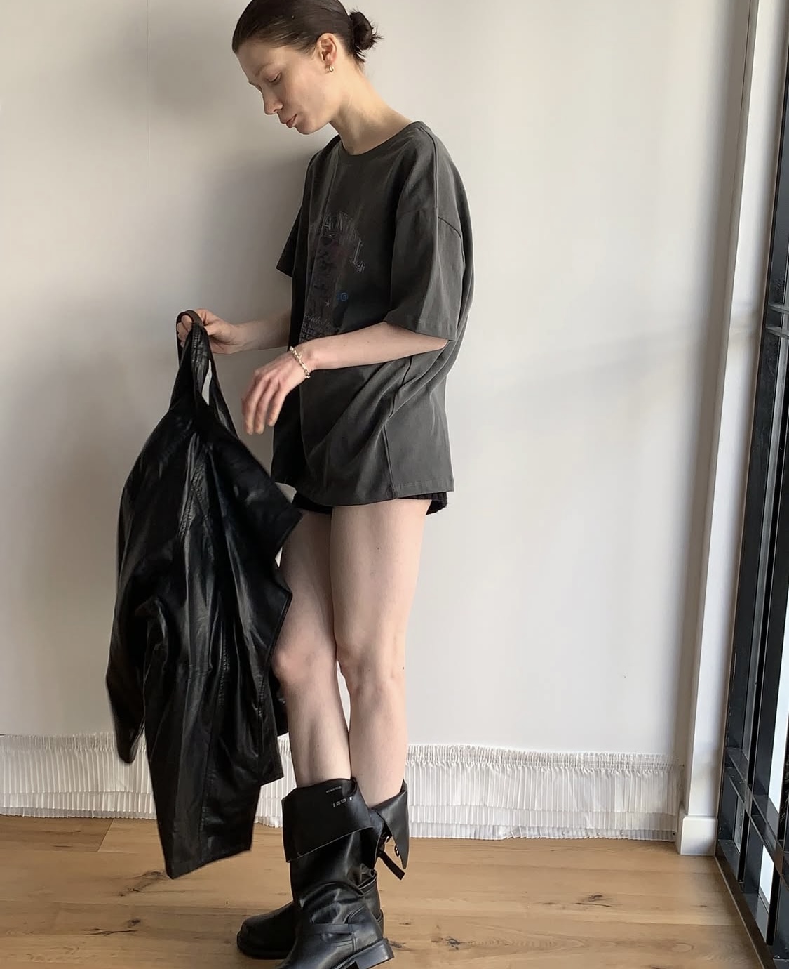 Leather half trench coat ( black )