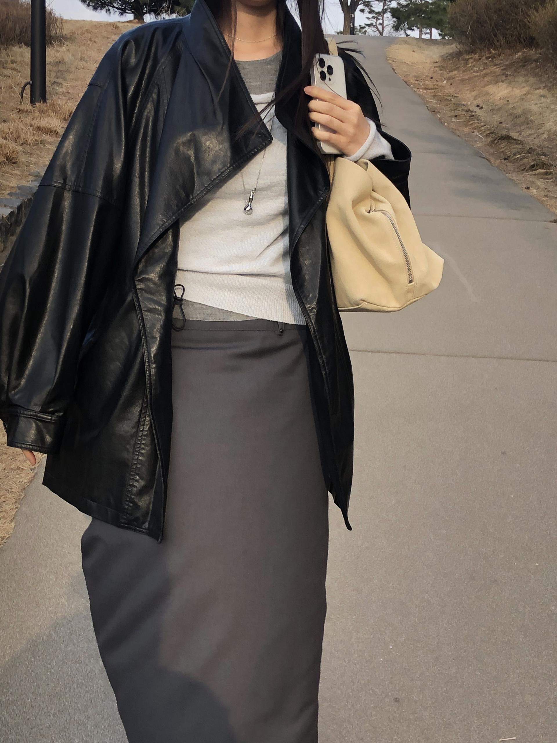 Leather half trench coat ( black )