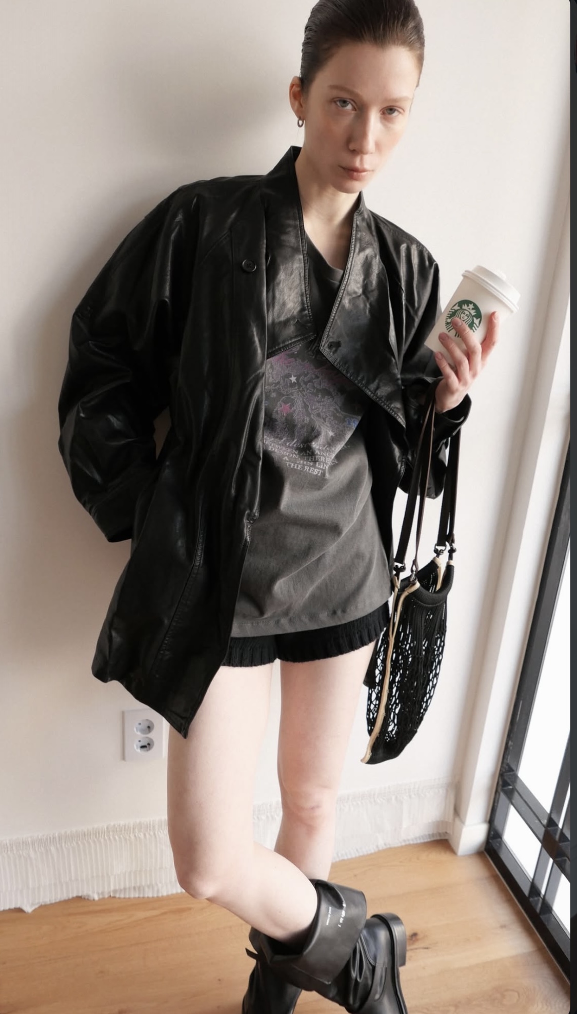 Leather half trench coat ( black )