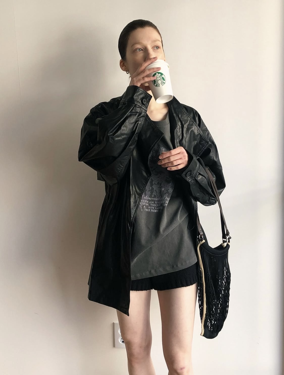 Leather half trench coat ( black )