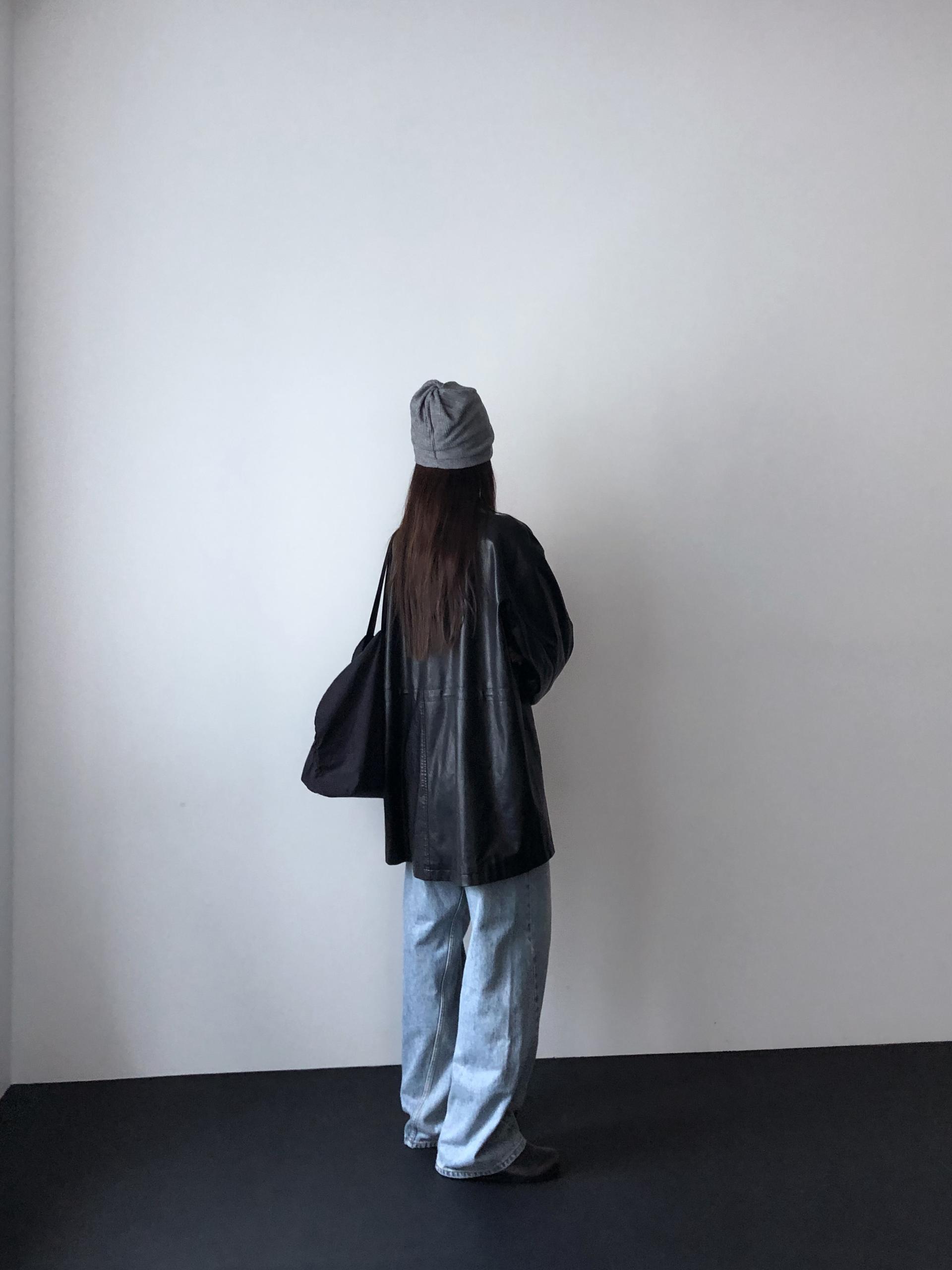Leather half trench coat ( black )