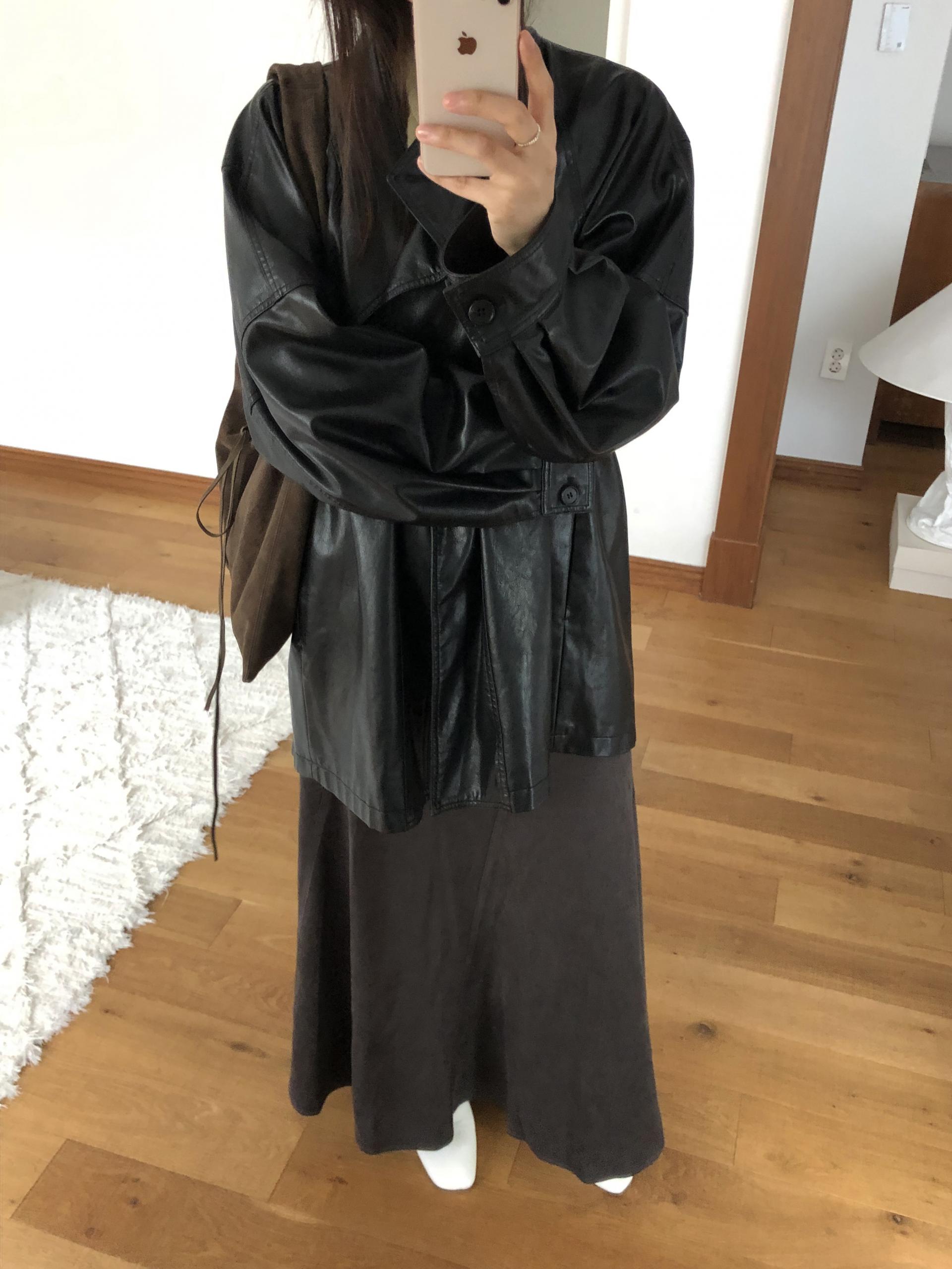 Leather half trench coat ( black )