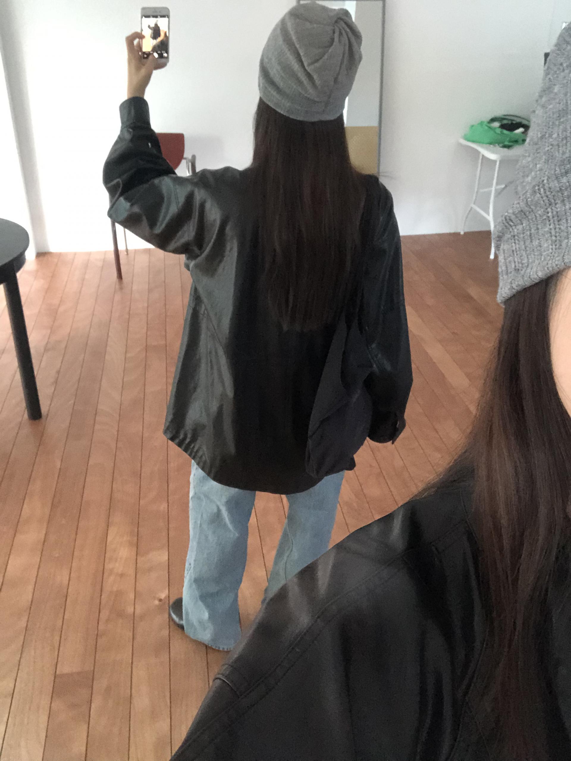 Leather half trench coat ( black )