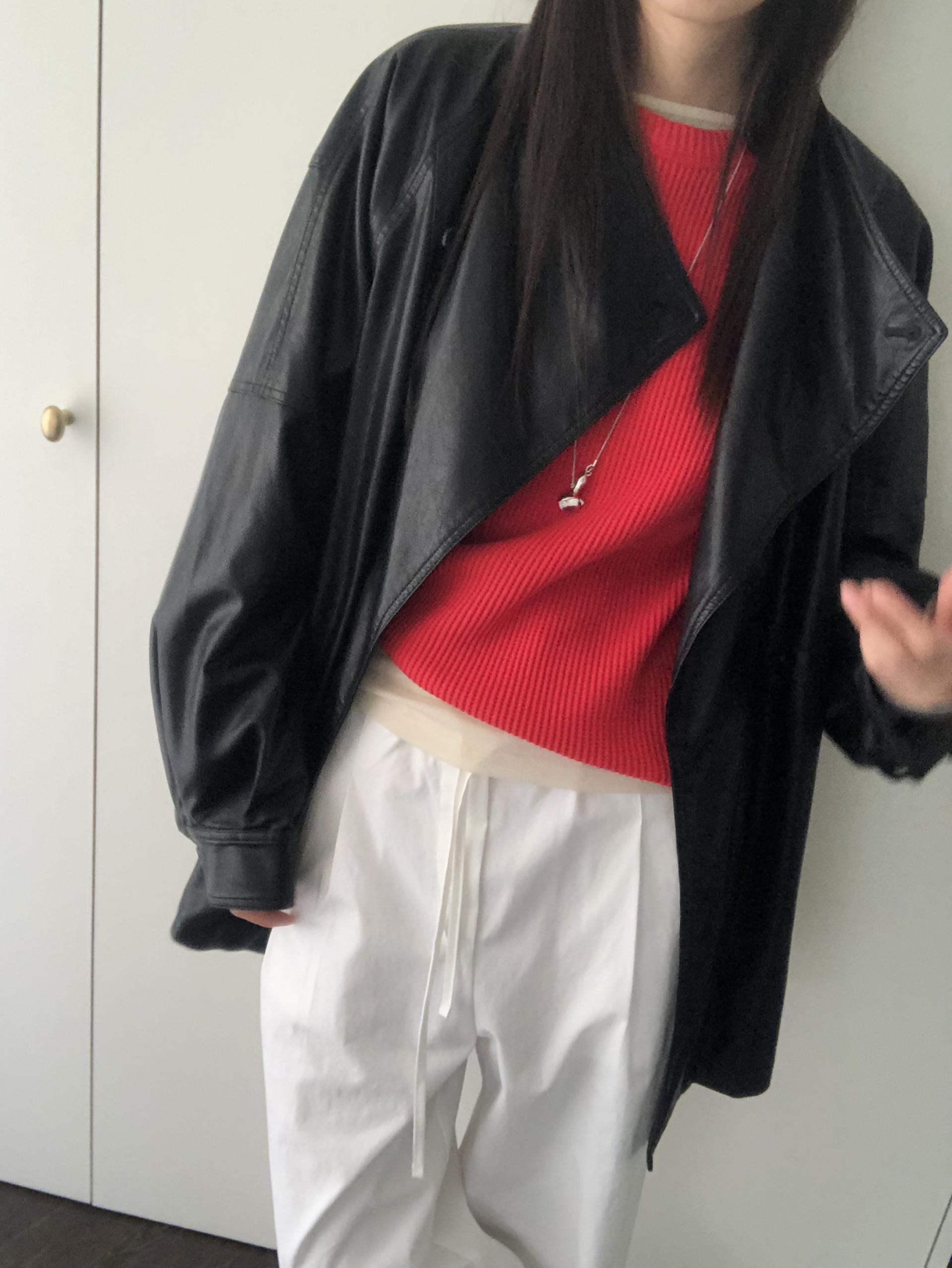 Leather half trench coat ( black )