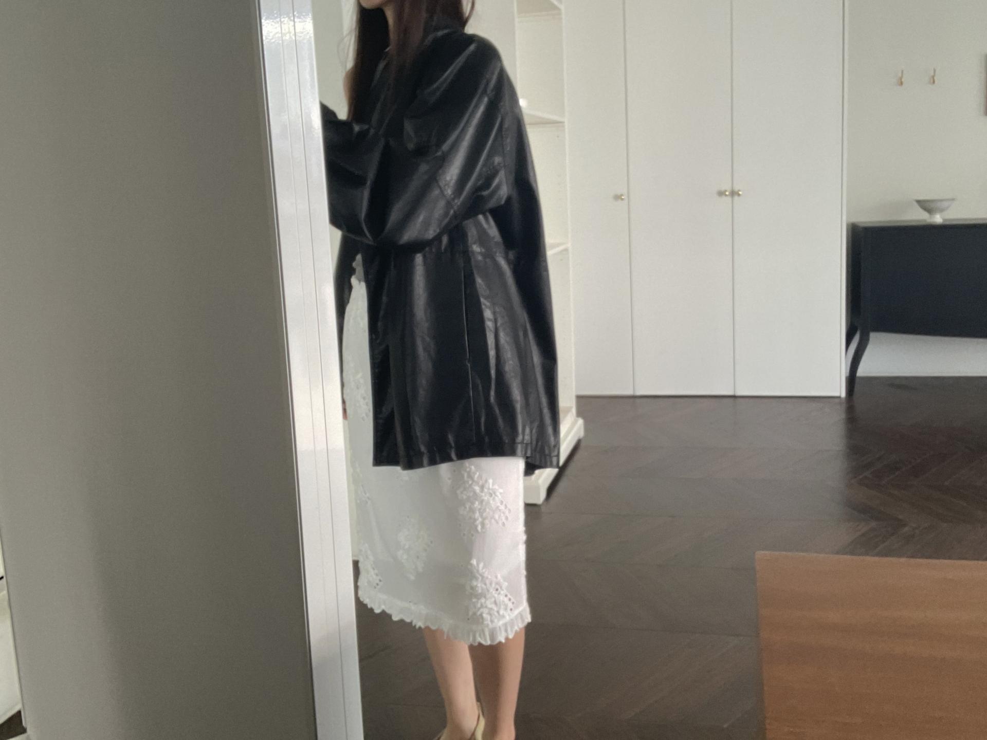 Leather half trench coat ( black )