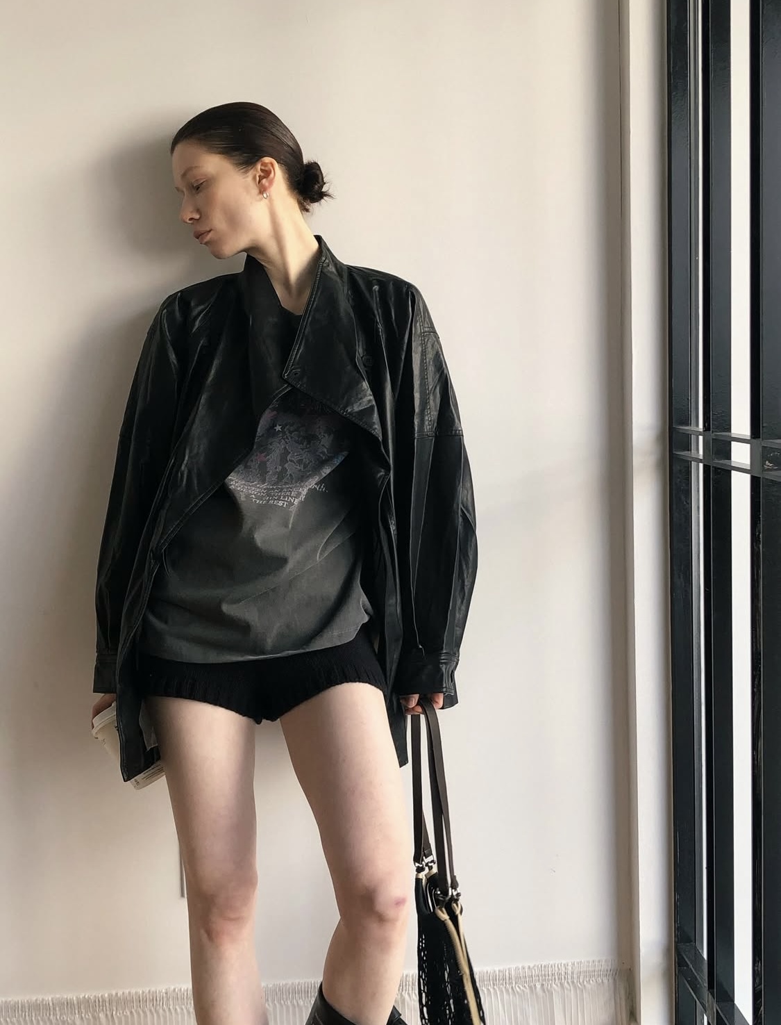 Leather half trench coat ( black )