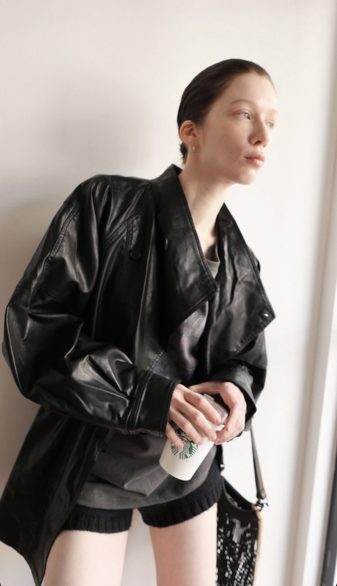 Leather half trench coat ( black )