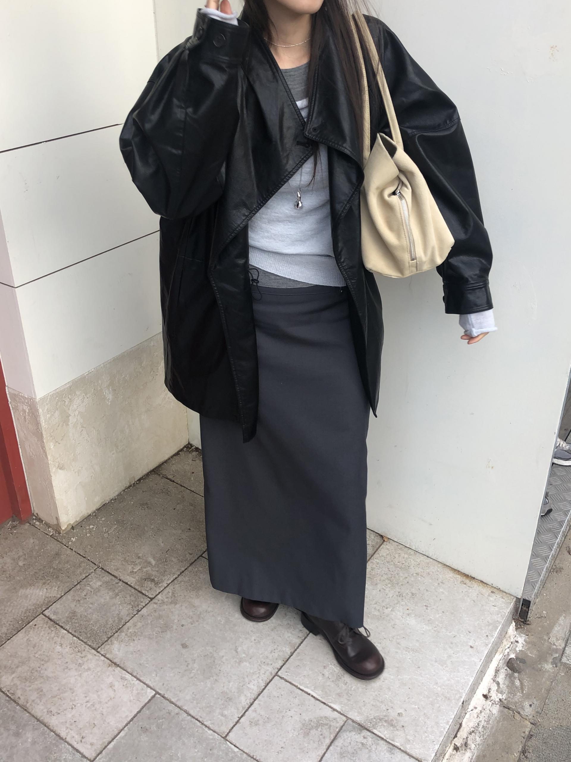 Leather half trench coat ( black )