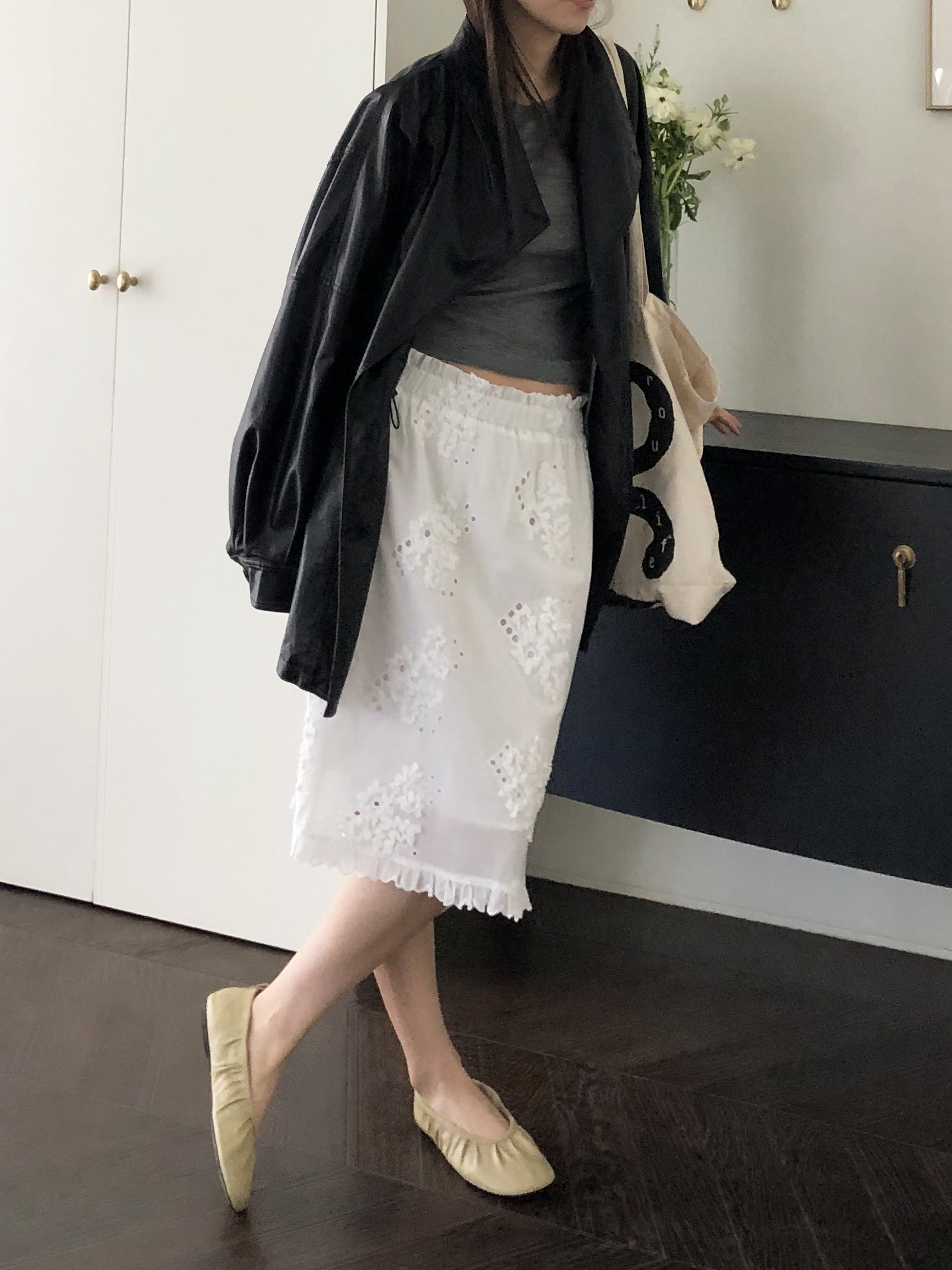 Leather half trench coat ( black )