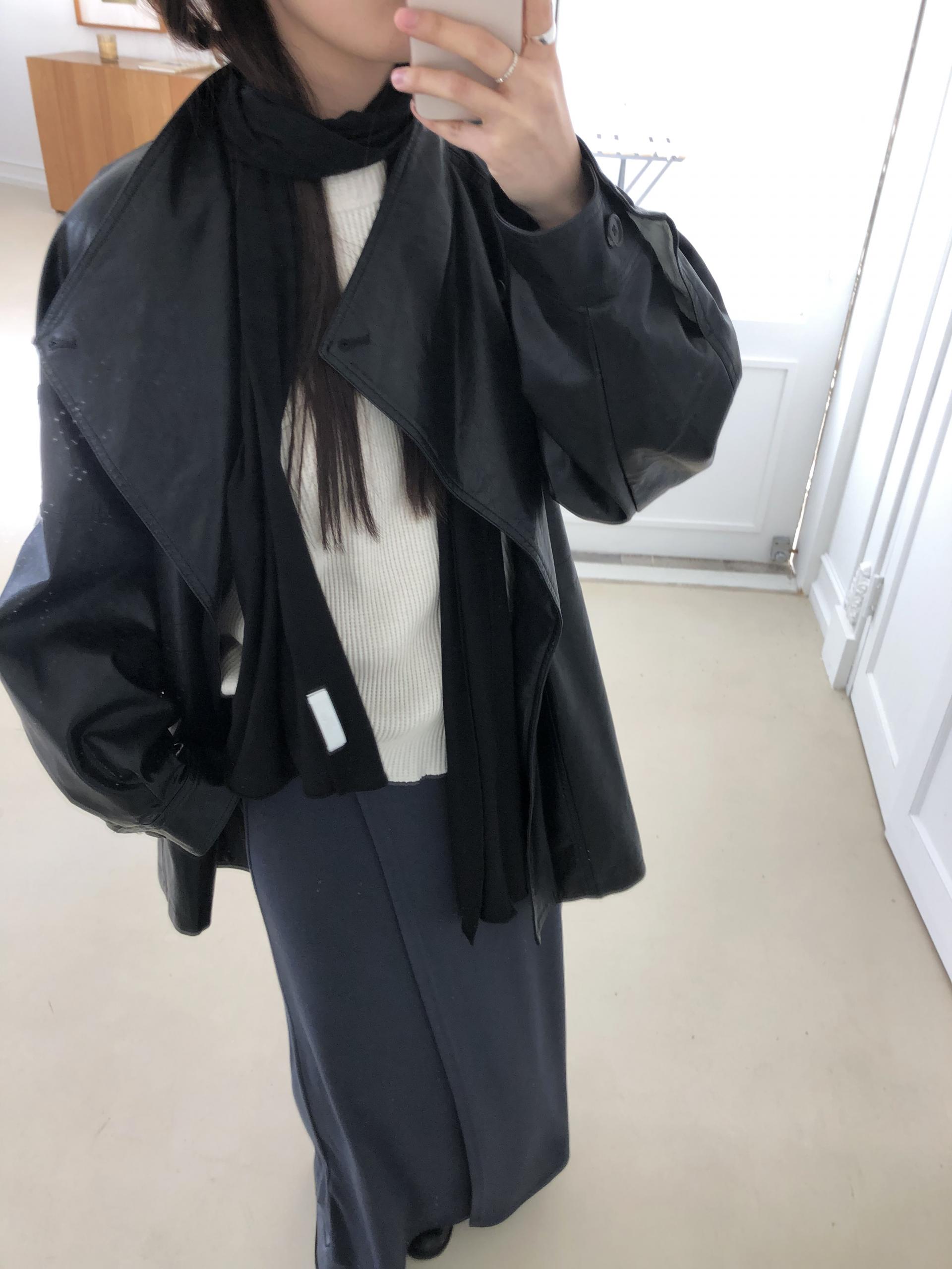 Leather half trench coat ( black )