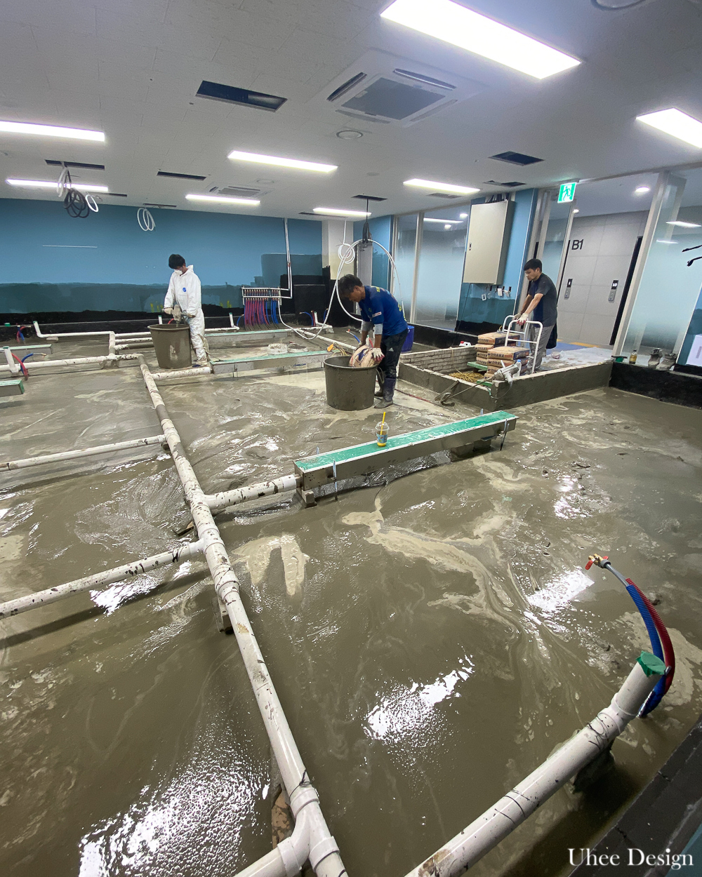 45평 식당 습식 주방 공사 바닥 몰탈 채우기 작업