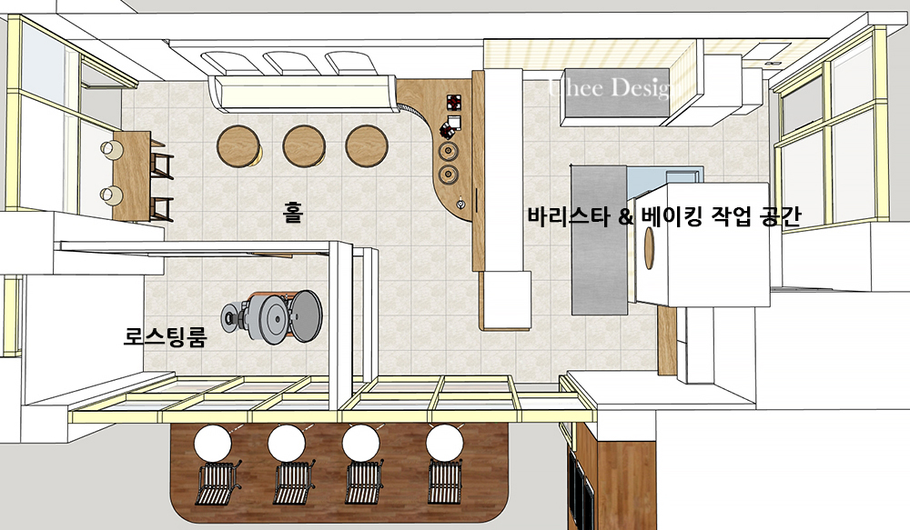 20평 카페 인테리어 도면, 로스팅룸·바스테이션·홀·외부데크로 나눈 전체 공간 설계