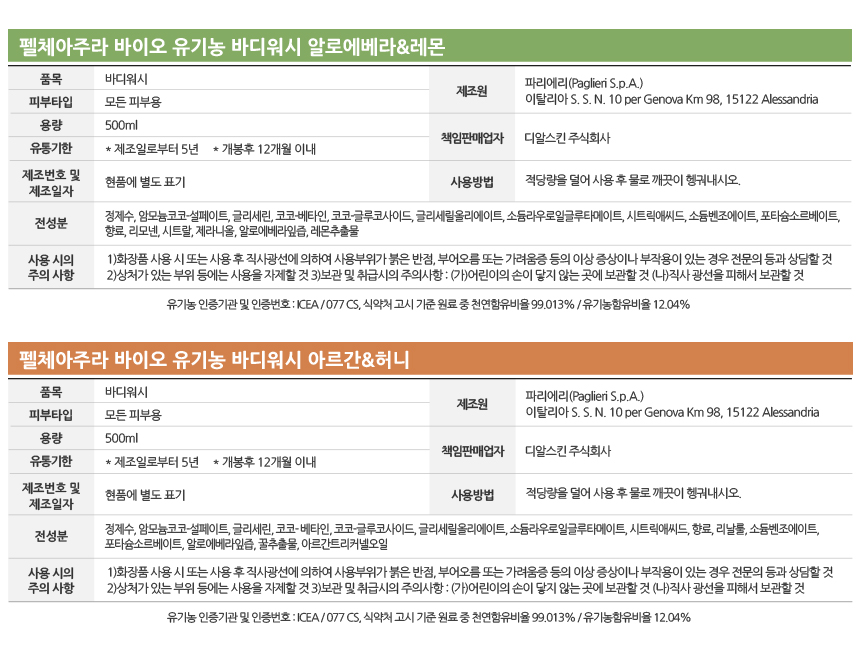 펠체아주라 이탈리아 150년 명품 유기농 바디워시 바이오 500ml