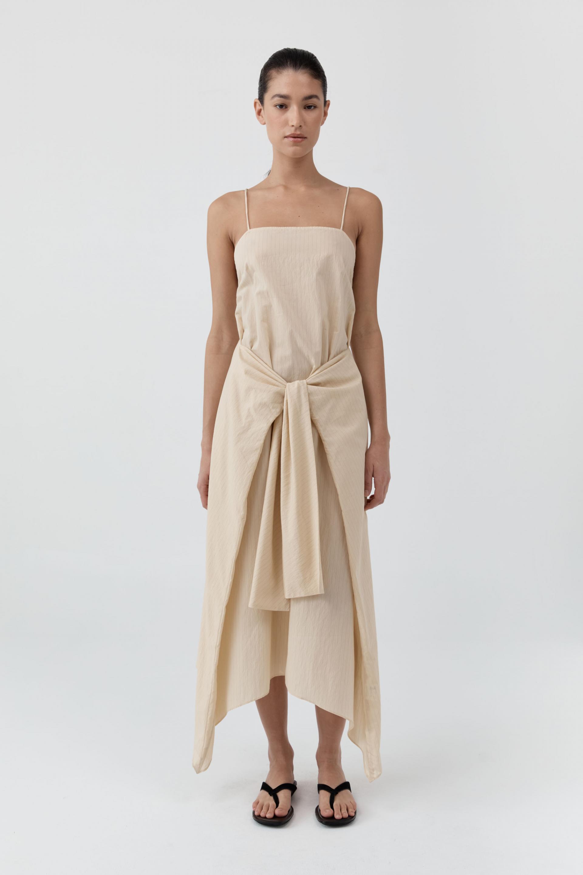 Pinstripe Relaxed Cocoon Dress · Straw