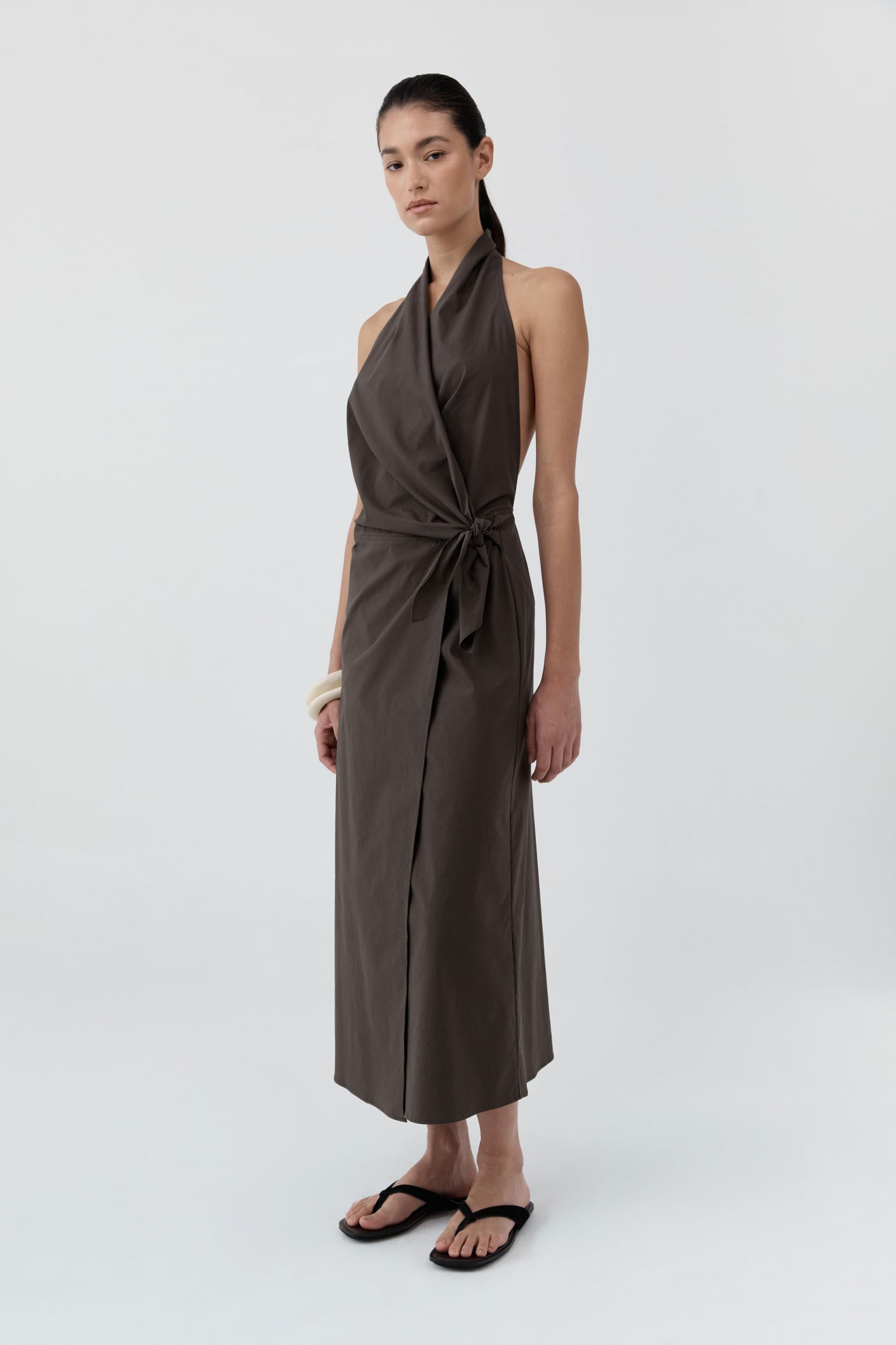Halter Wrap Backless Dress · Wood