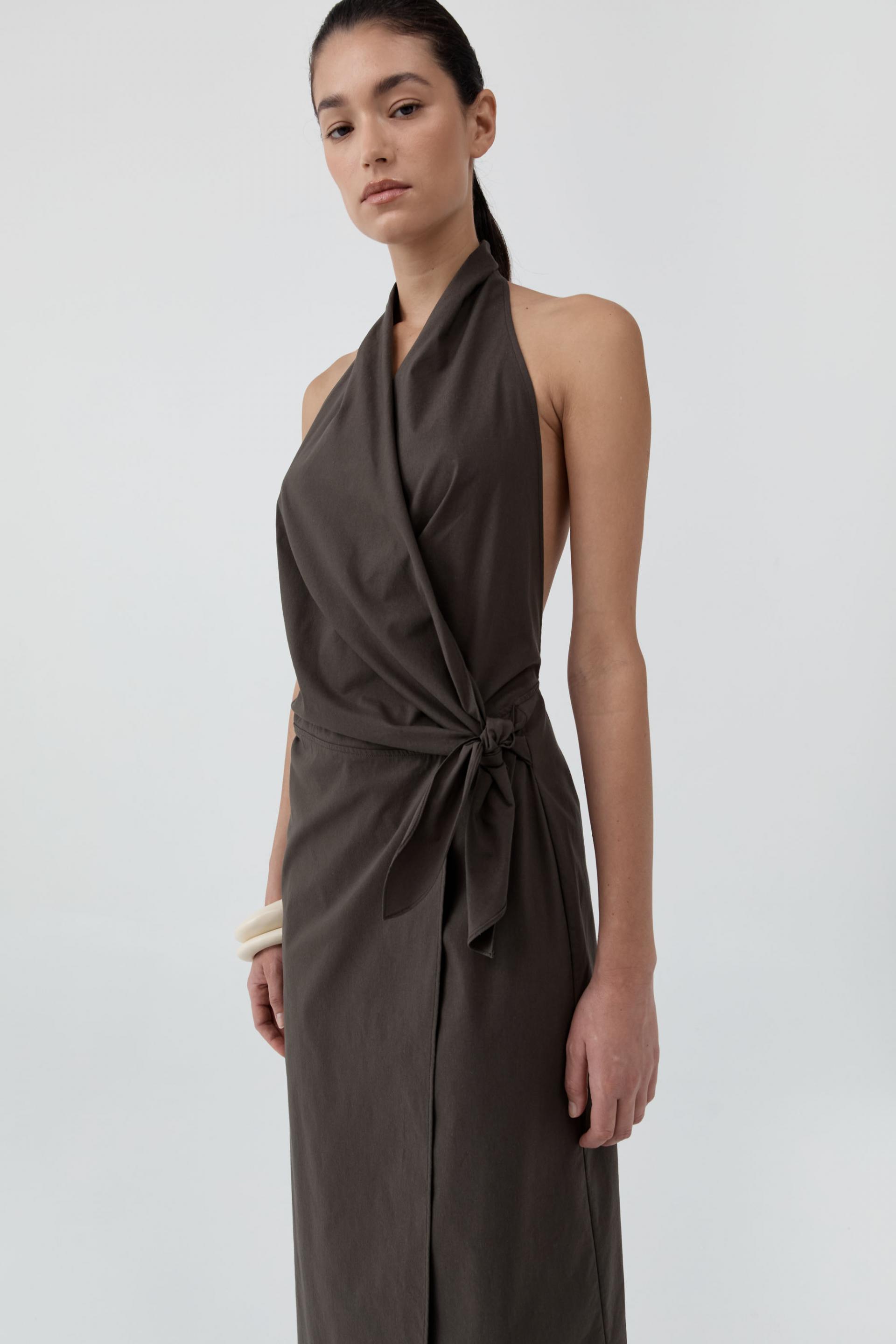 Halter Wrap Backless Dress · Wood