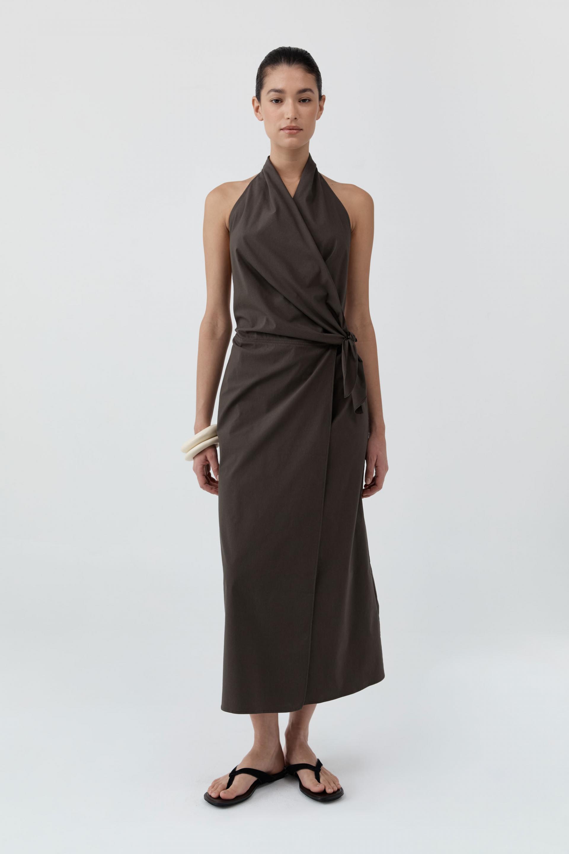 Halter Wrap Backless Dress · Wood