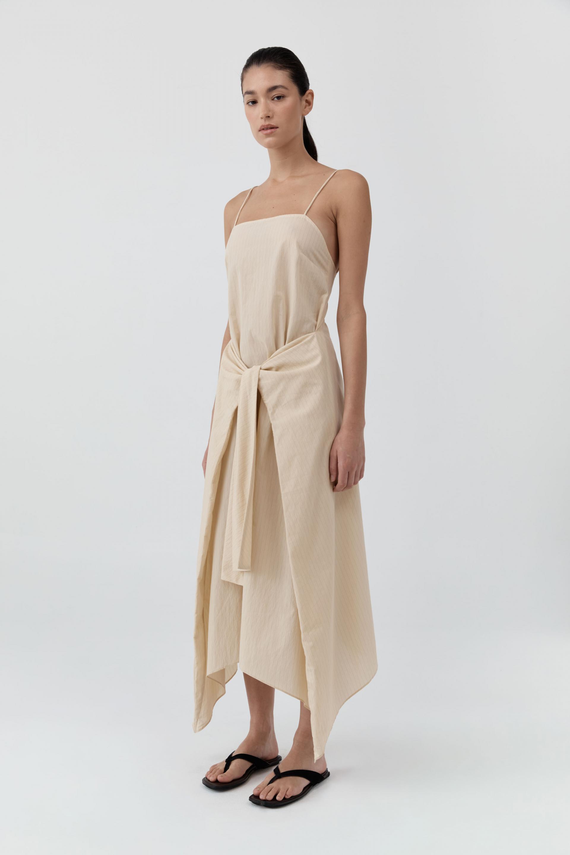 Pinstripe Relaxed Cocoon Dress · Straw