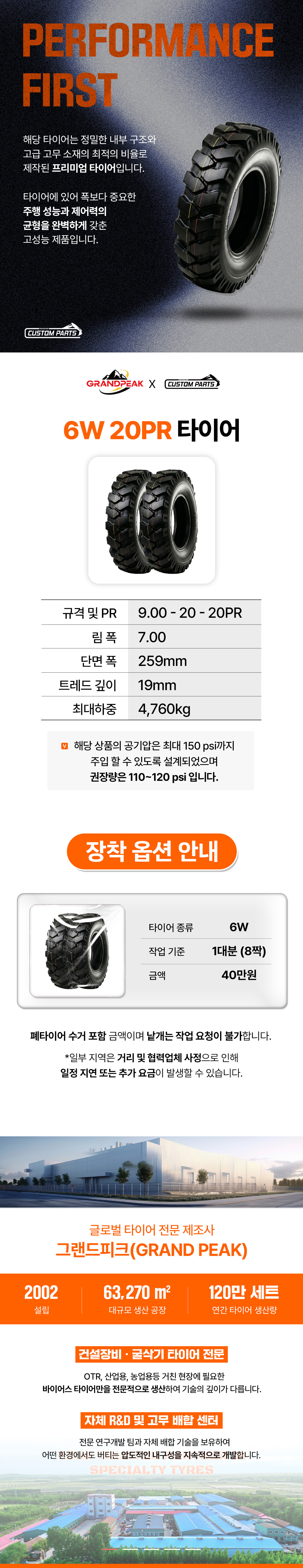 6W 20PR 그랜드픽 방향성 굴삭기 타이어