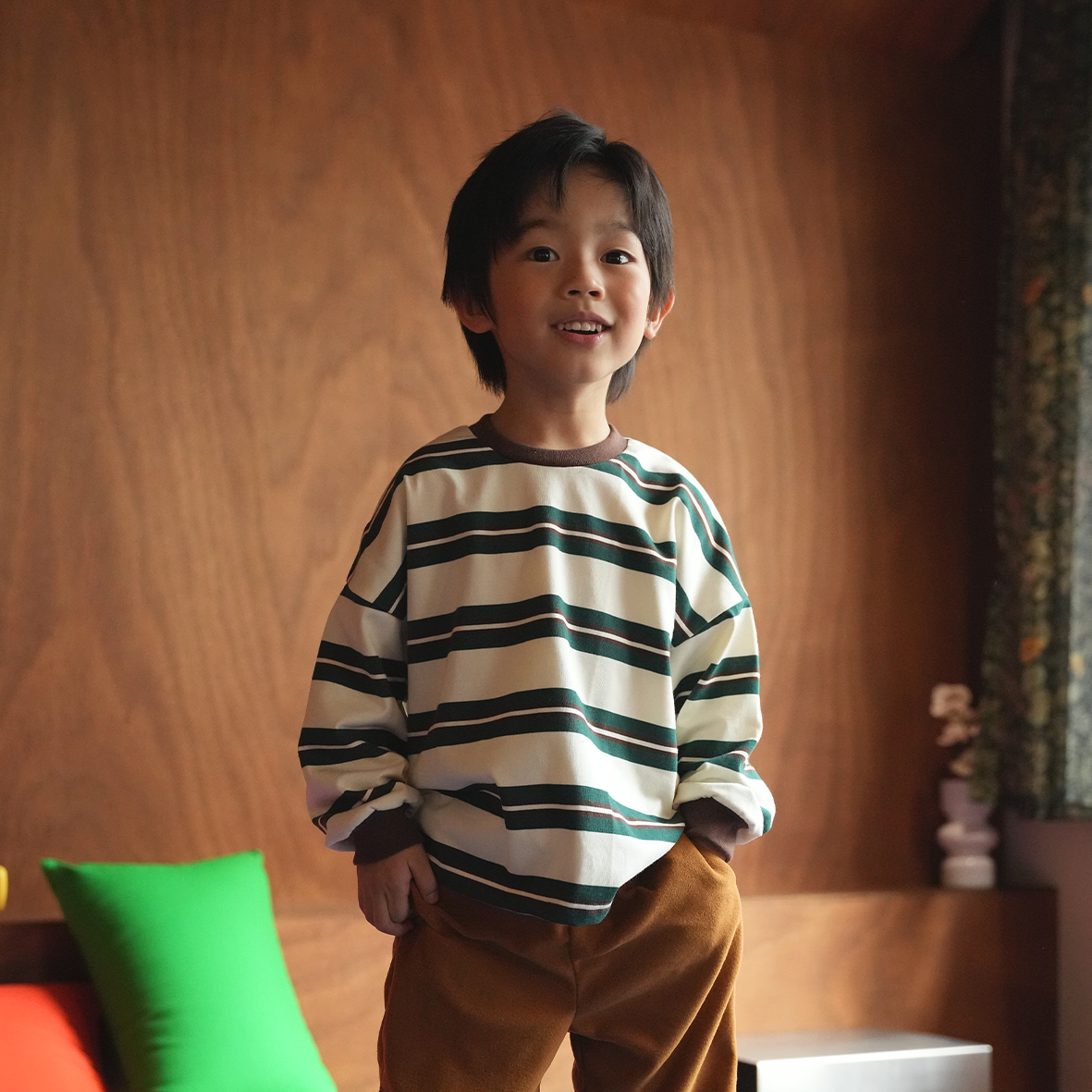 DODO BASIC Oversized Stripe T-Shirt ( Dark Green / Brown / Ivory )