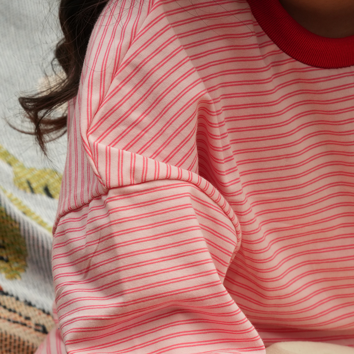 DODO BASIC Oversized Stripe T-Shirt ( Red / Strawberry Pink )