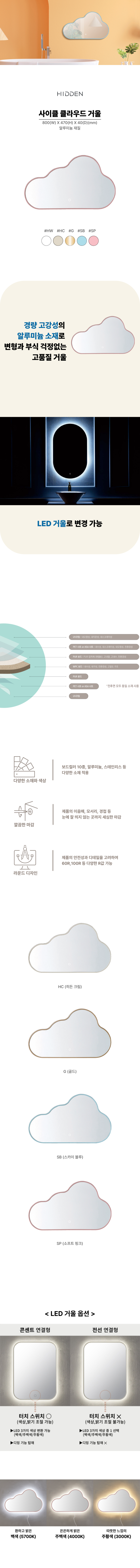 히든바스 LED 사이클 클라우드 벽걸이 거울 간접조명 구름