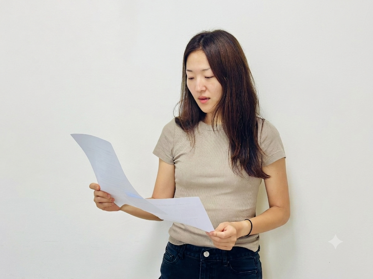 가이드런프로젝트의 장지은 활동가가 편안한 표정으로 어떤 종이를 바라보고 있는 단독 프로필 사진입니다.
