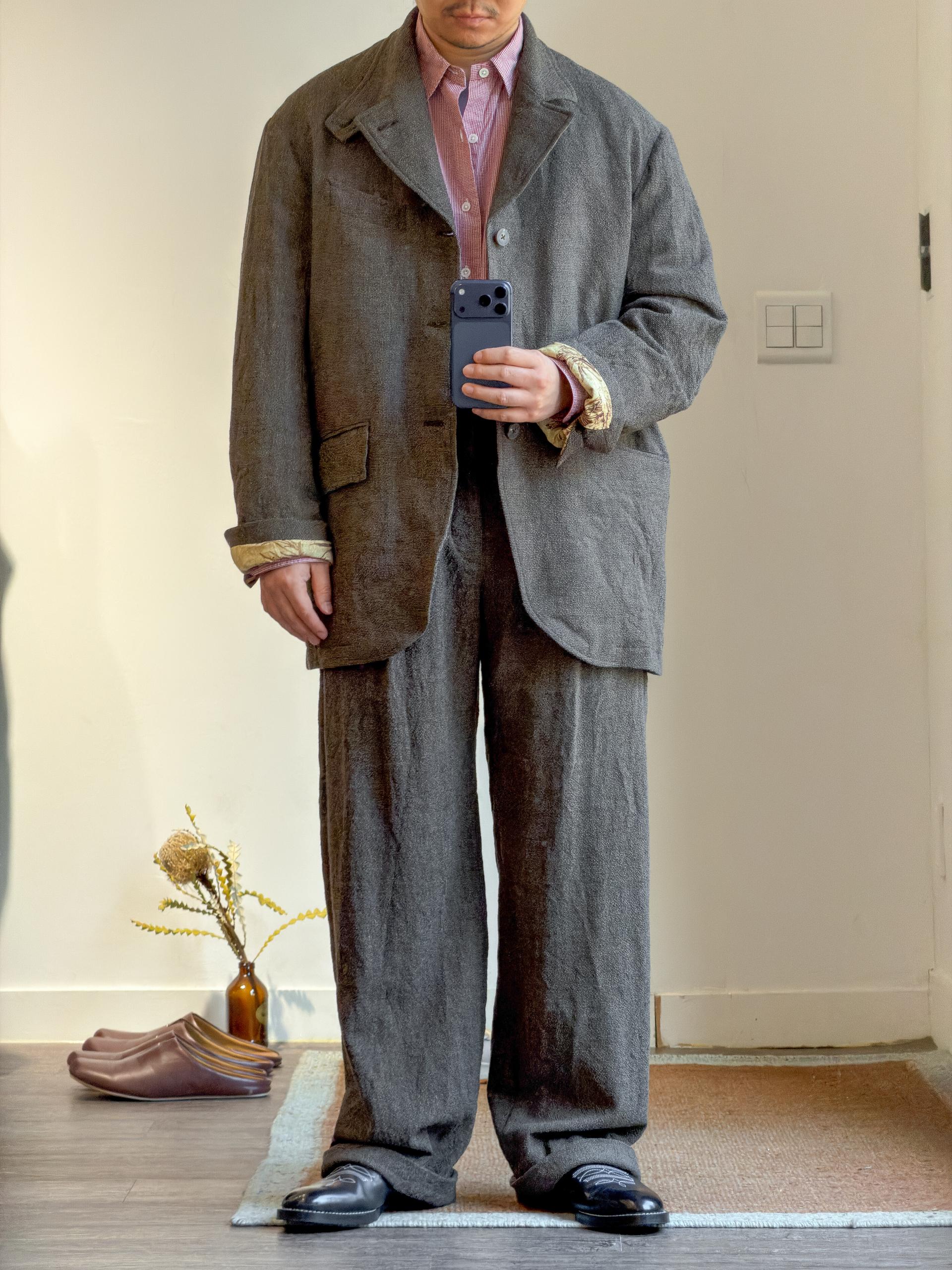 calmlence [캄렌스] - SZ HIGH TWISTED WOOL CLOTH SINGLE PLEATED WIDE PANTS - Brown Houndtooth