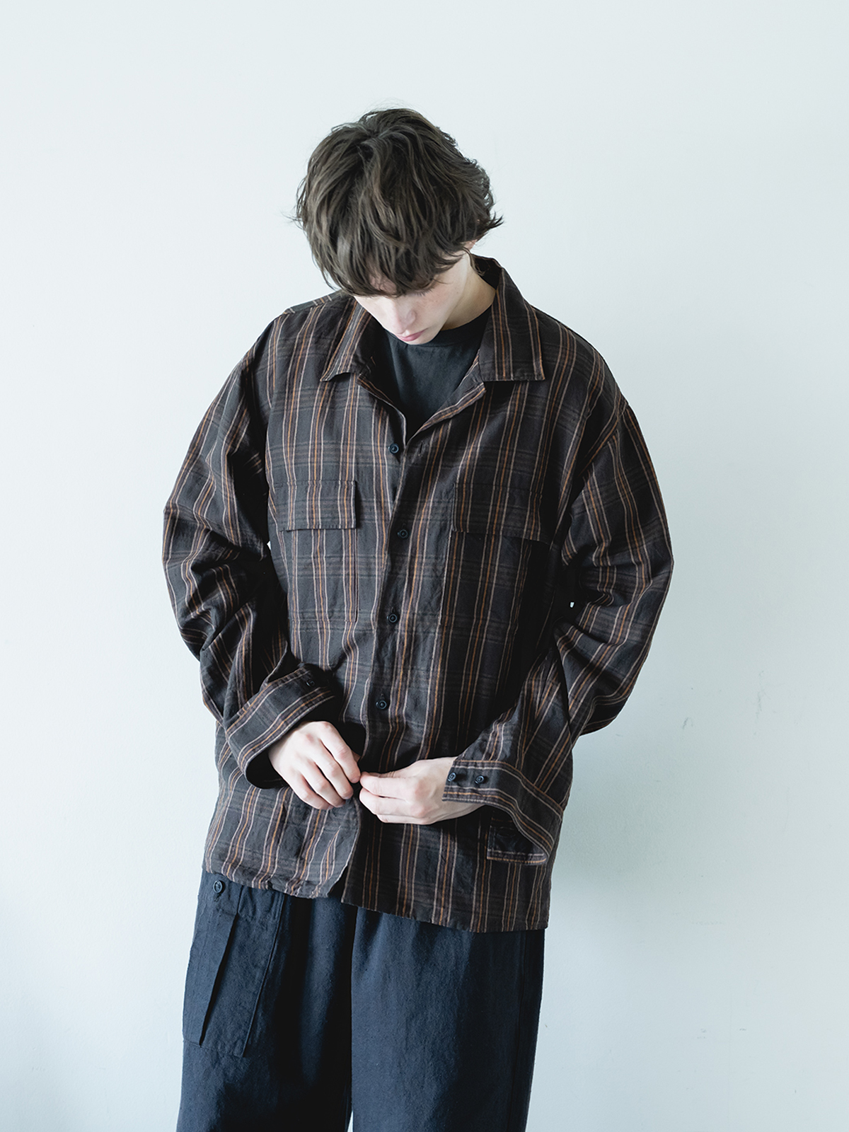 nest Robe CONFECT [네스트로브 컨팩트] - Silk Linen Nep Check Open Collared Shirt - Check