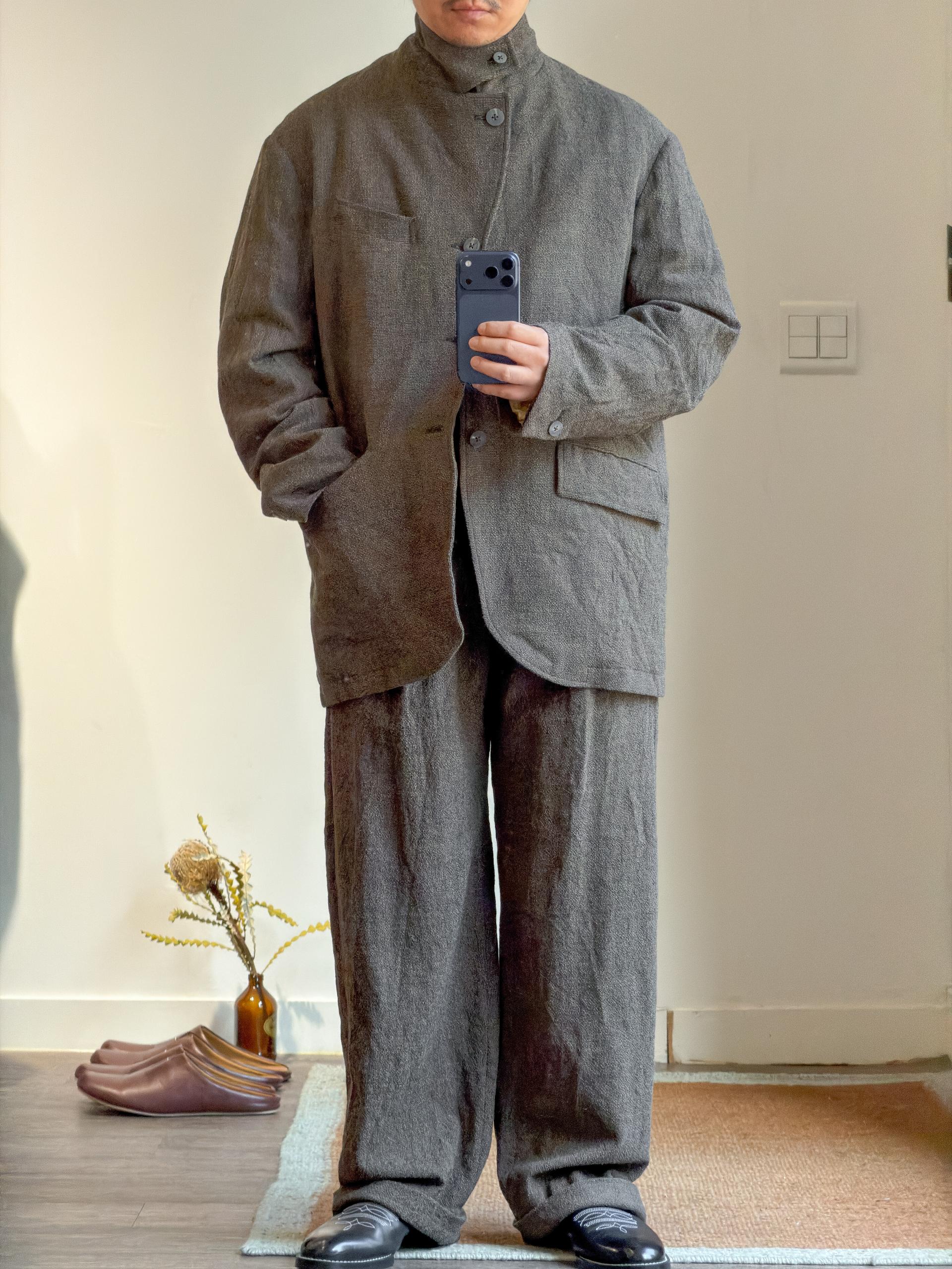 calmlence [캄렌스] - SZ HIGH TWISTED WOOL CLOTH SINGLE PLEATED WIDE PANTS - Brown Houndtooth