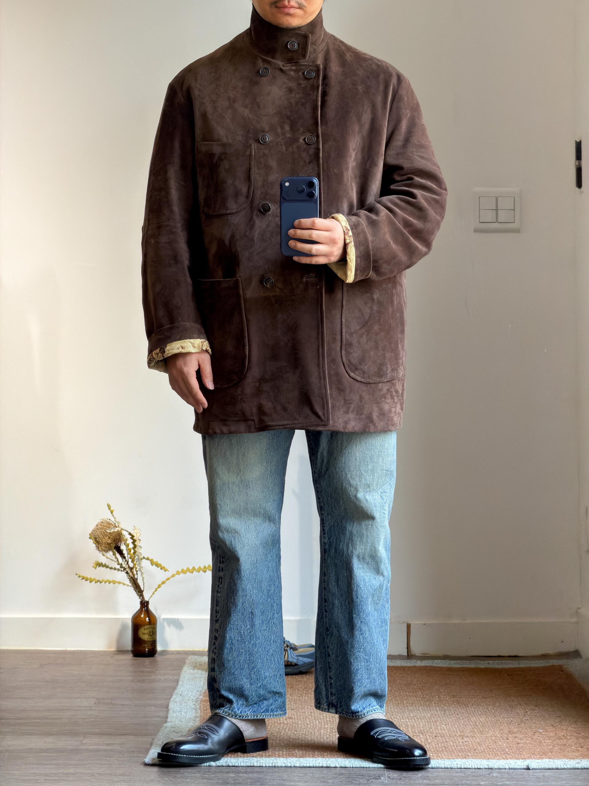 calmlence [캄렌스] - BABY CALF SUEDE DOUBLE BREASTED HUNTING JACKET - Brown