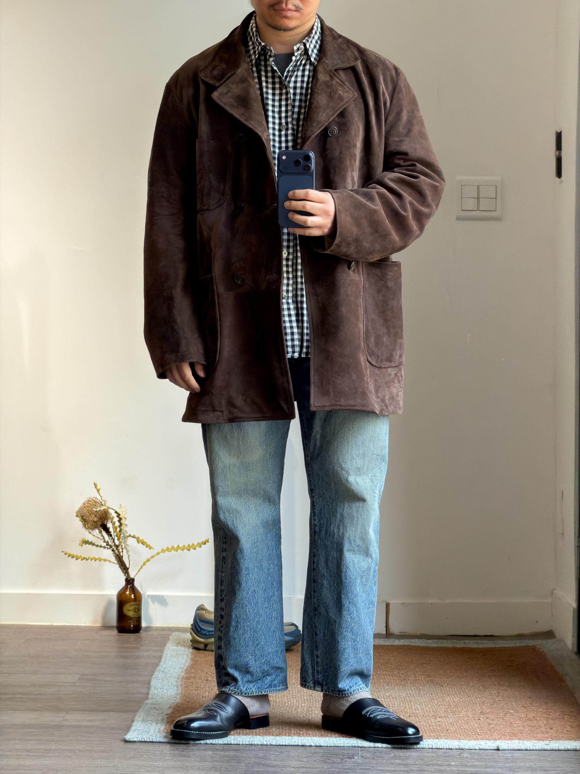 calmlence [캄렌스] - BABY CALF SUEDE DOUBLE BREASTED HUNTING JACKET - Brown