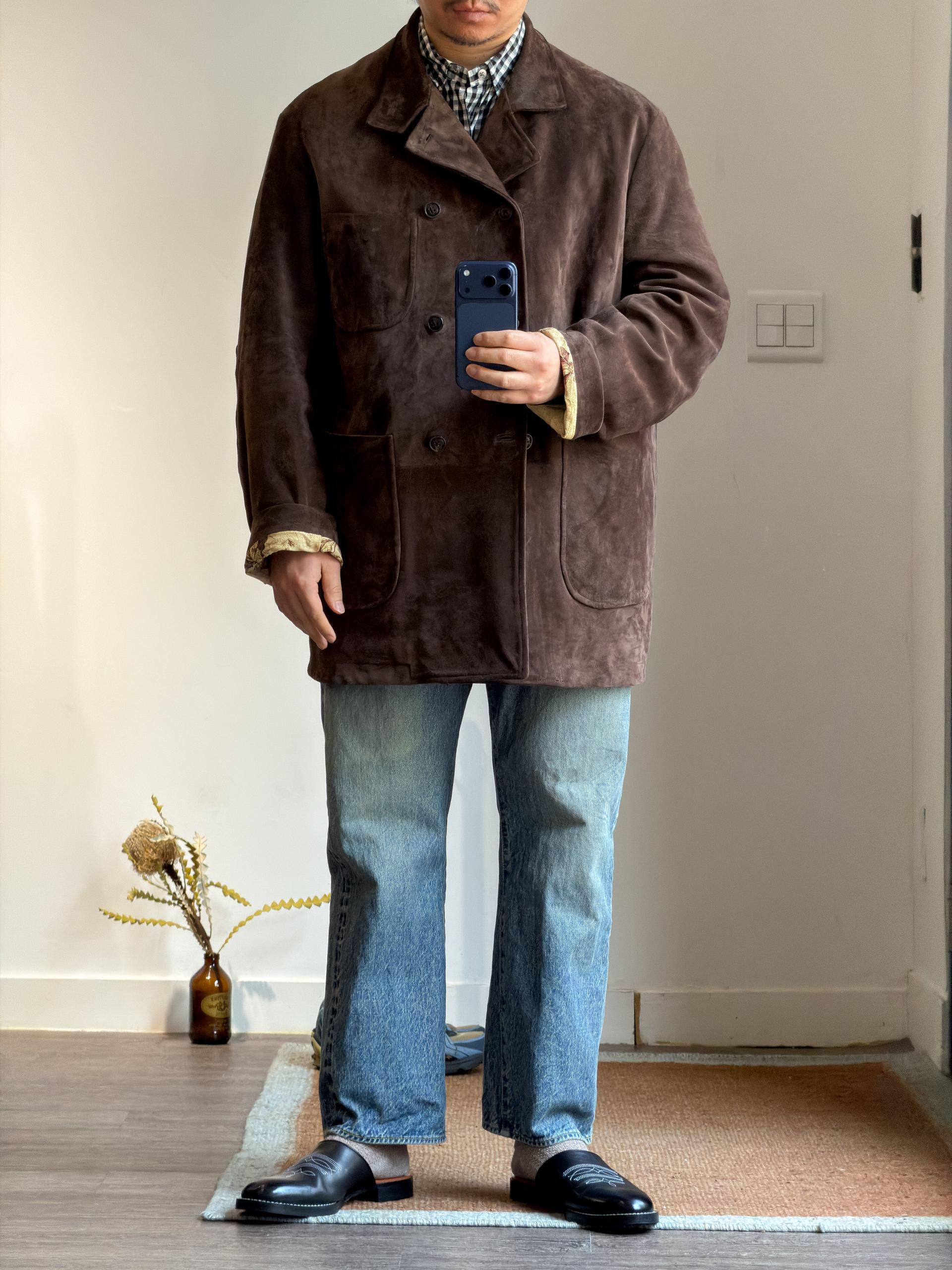 calmlence [캄렌스] - BABY CALF SUEDE DOUBLE BREASTED HUNTING JACKET - Brown