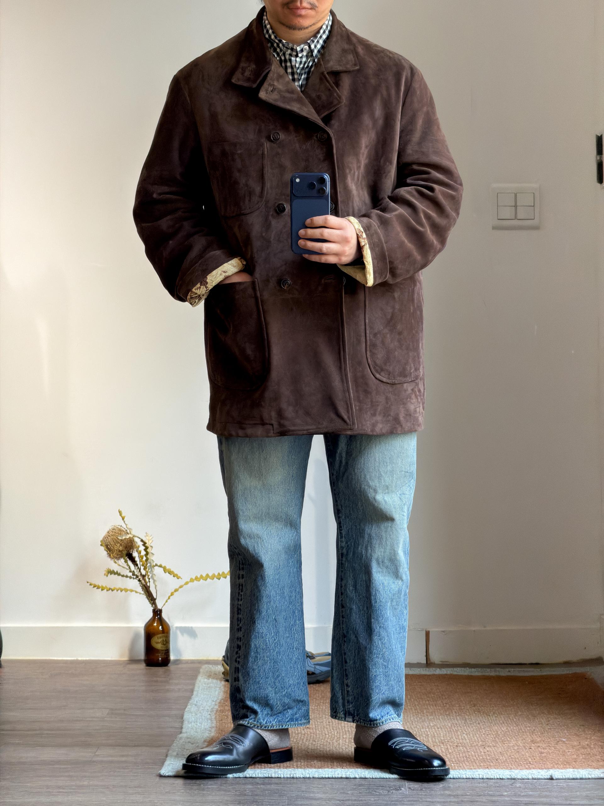 calmlence [캄렌스] - BABY CALF SUEDE DOUBLE BREASTED HUNTING JACKET - Brown