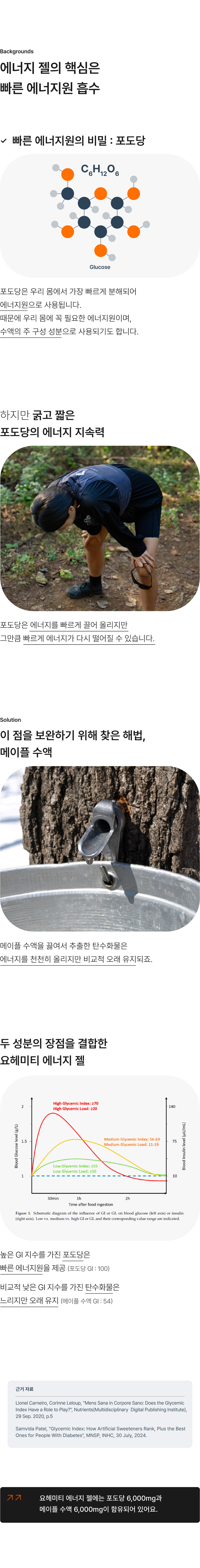 포도당은 우리 몸에서 가장 빠르게 분해되어 에너지원으로 사용되지만 에너지 지속력이 부족합니다. 요헤미티는 바로 이 점을 보완하기 위한 해법으로 메이플 수액을 찾았습니다. 메이플수액은 에너지를 천천히 올리지만 비교적 오래 유지되기 때문입니다. 요헤미티 에너지젤은 빠른 에너지원이 되는 포도당과 비교적 오래 에너지가 유지되는 메이플 수액을 결합하였으며 각각 6,000mg이 함유되어 있습니다