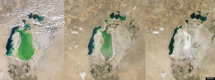 미국항공우주국(NASA)이 공개한 최근 20년간 변화한 아랄해 모습 위성사진 (출처:허핑턴포스트코리아, 세계에서 4번째로 컸던 호수 '아랄해', 소멸한다 https://www.huffingtonpost.kr/2014/10/03/story_n_5925756.html)